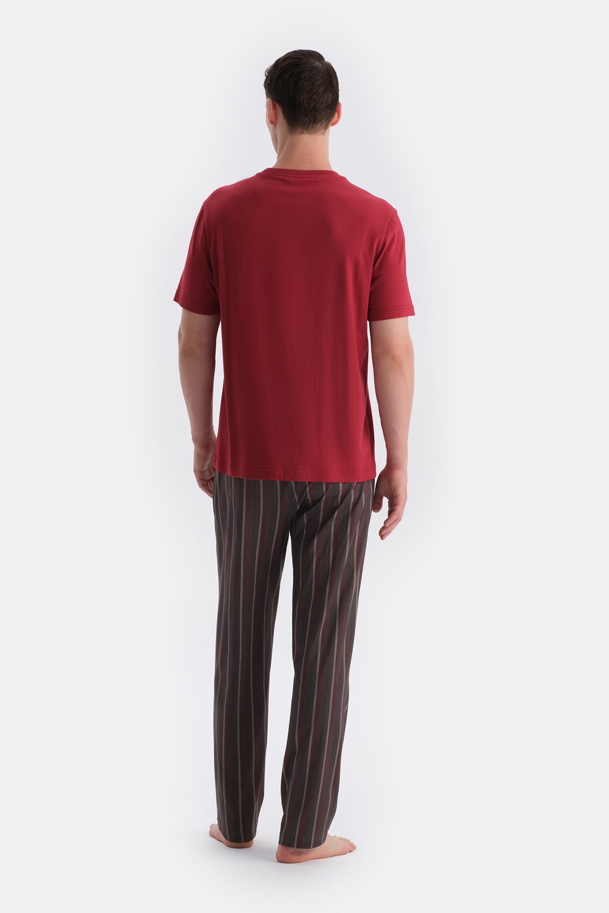 Bordo Kısa Kollu Altı Çizgili Tişört Pantolon Takım