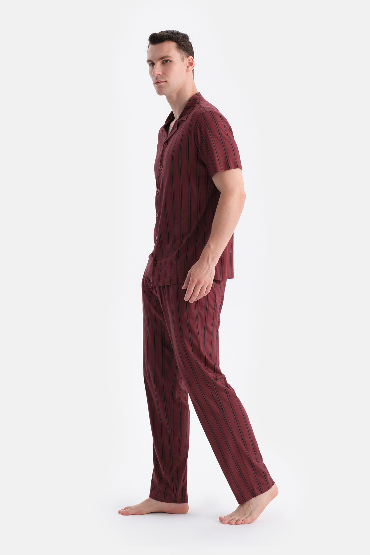 Bordo Çizgili Gömlek Pantolon Takım