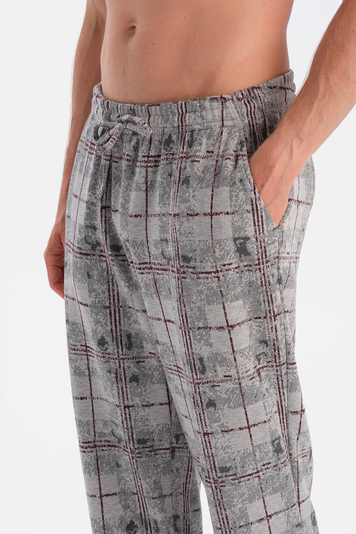 Bordo Uzun Kollu Pat Ve Cep Detaylı Tişört Pantolon Takım