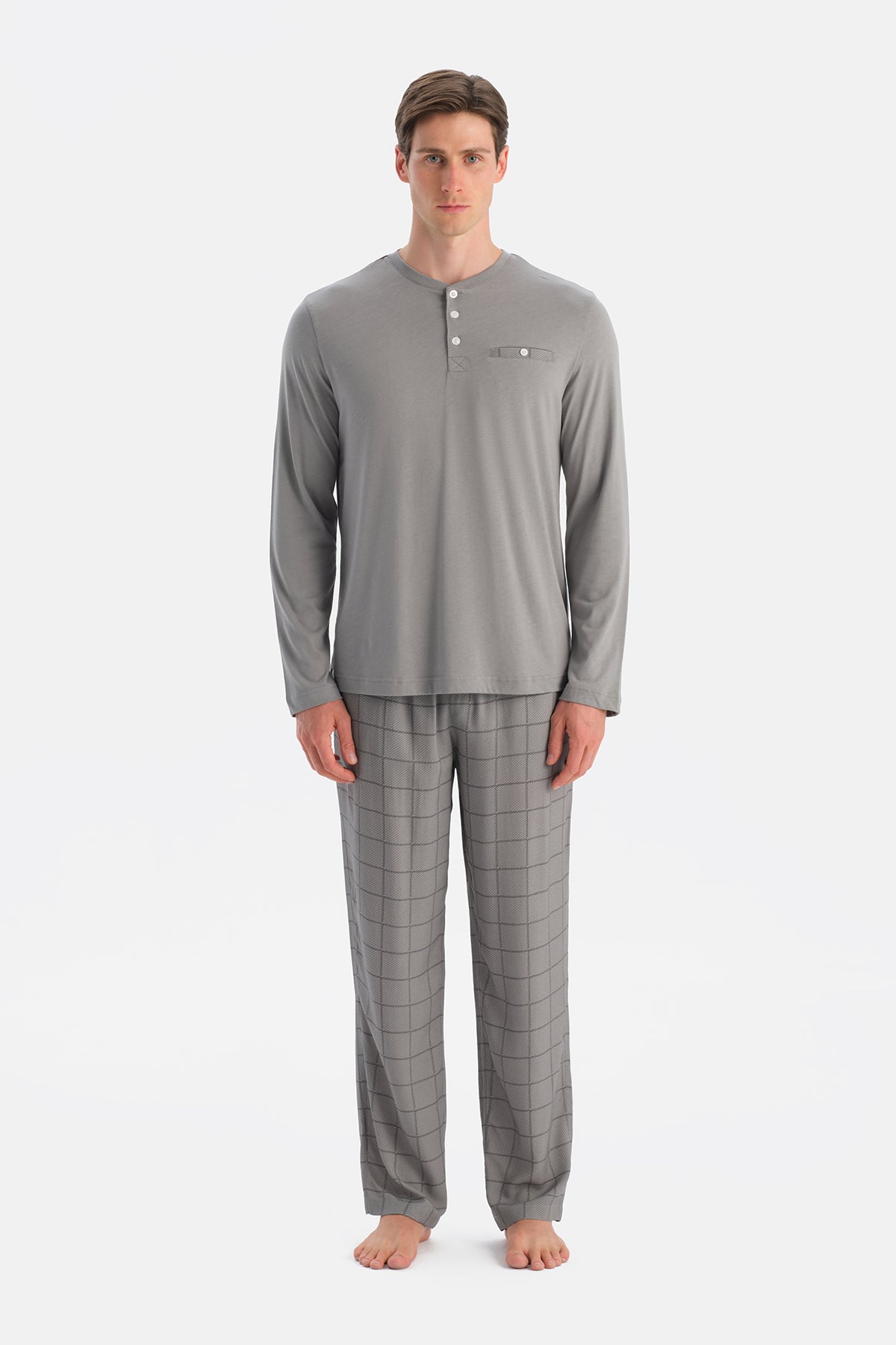 Gri Melanj Uzun Kollu Pat Ve Cep Detaylı Tişört Pantolon Takım