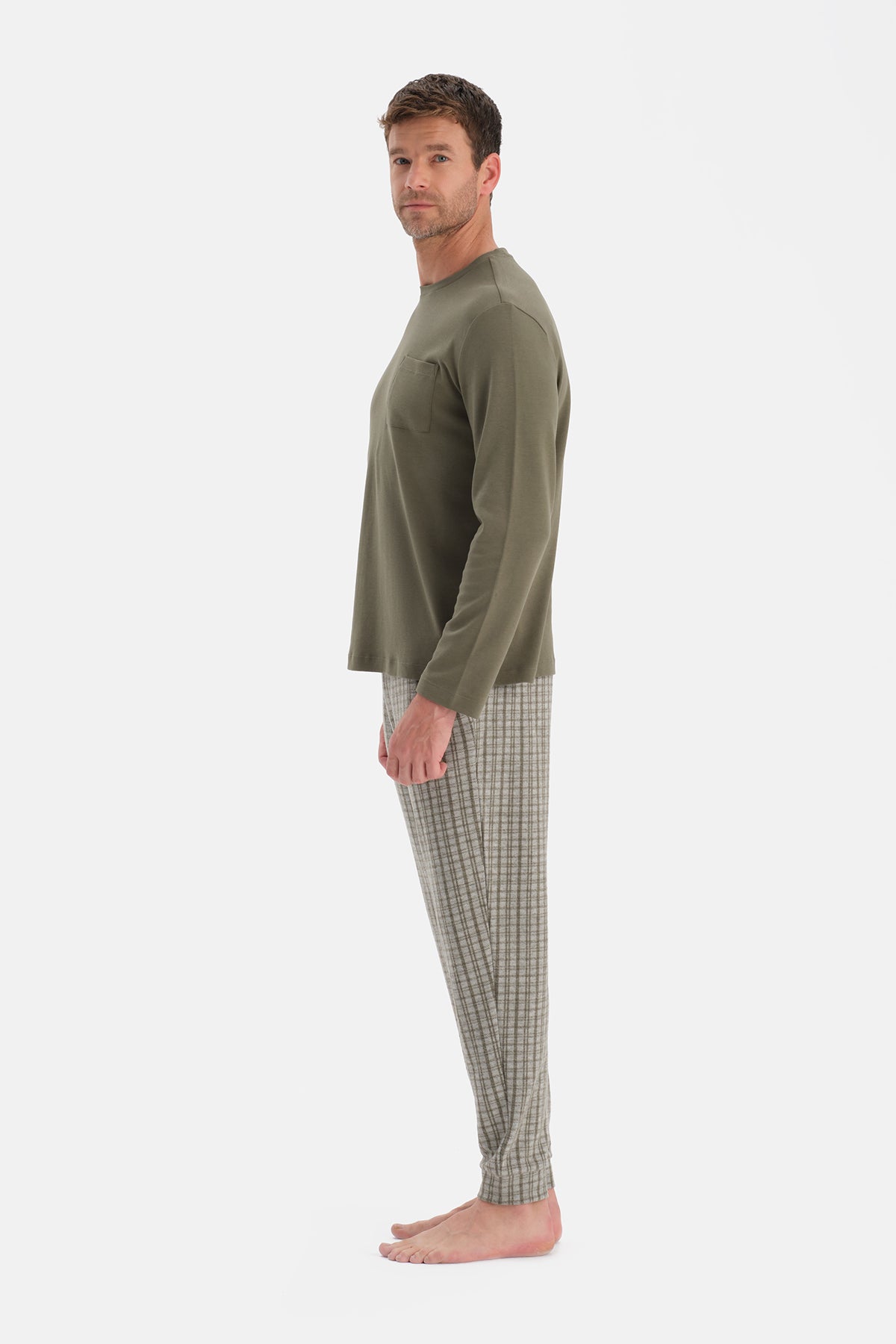 Yeşil Bisiklet Yaka Uzun Kollu Pijama Takım