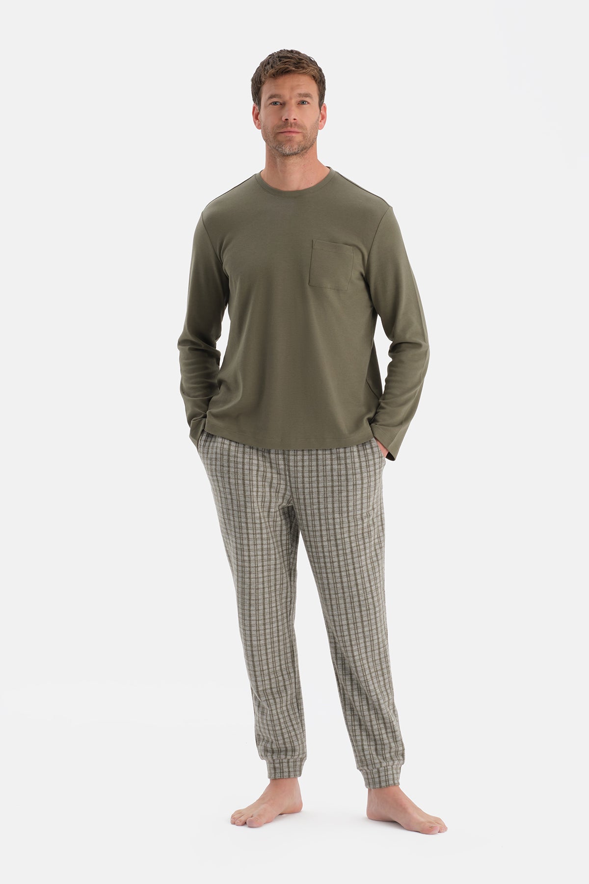 Yeşil Bisiklet Yaka Uzun Kollu Pijama Takım