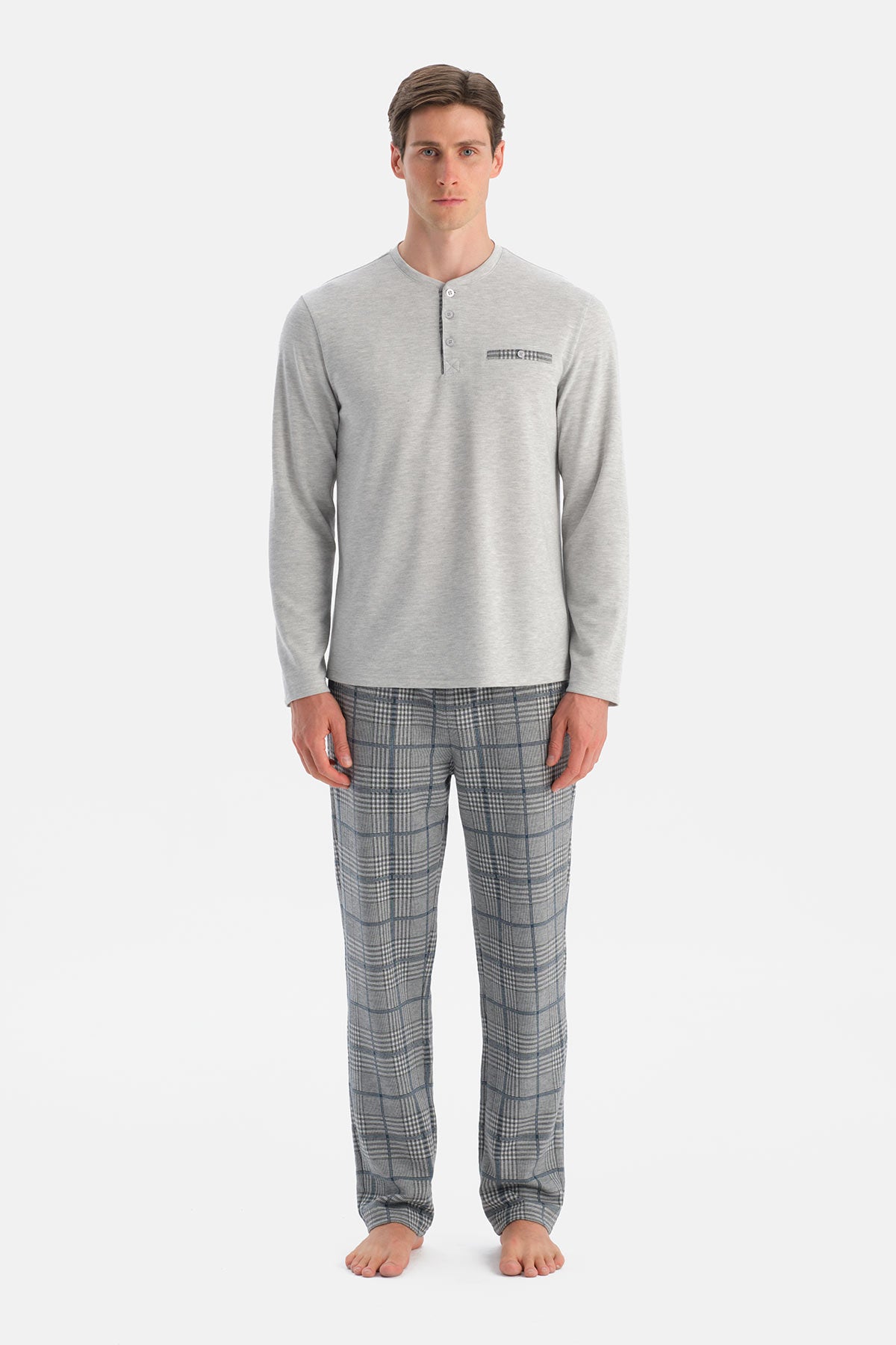 Gri Melanj Uzun Kollu Cep Detaylı Tişört Pantolon Takım