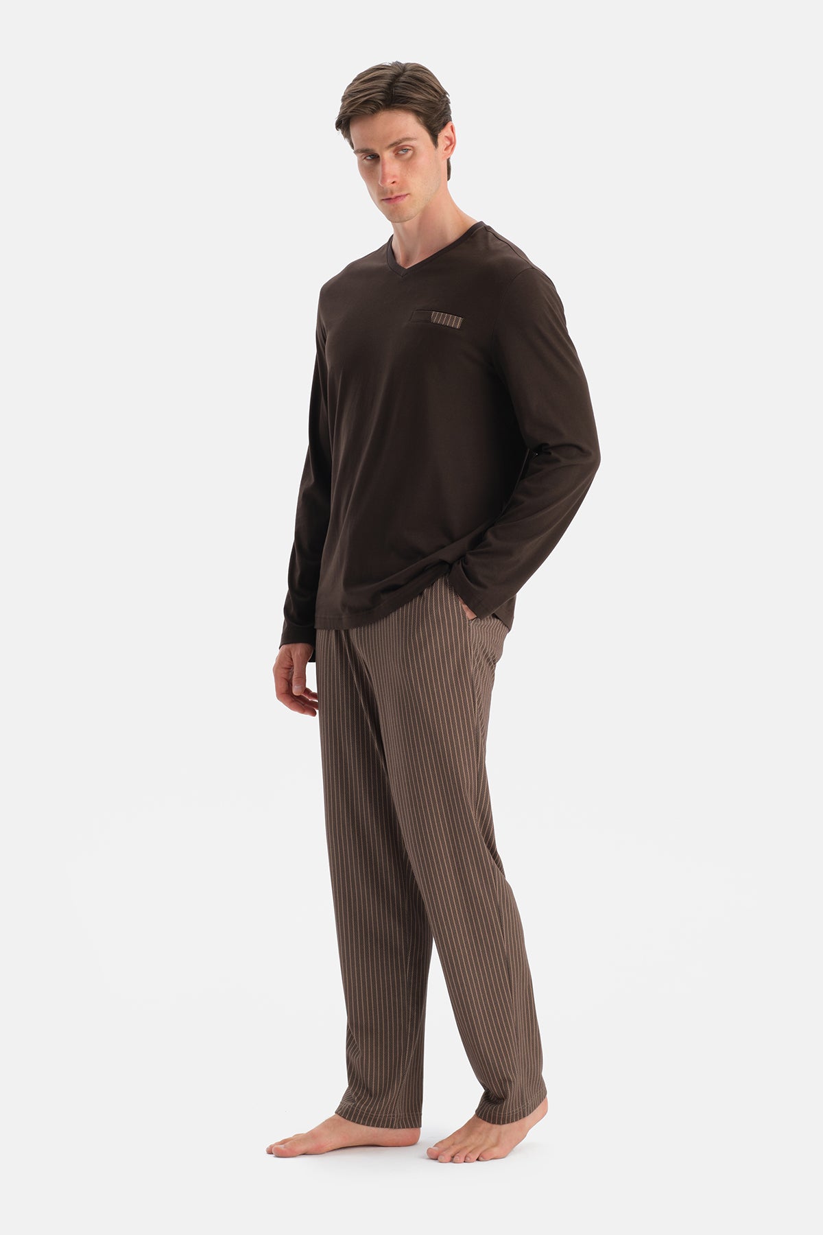 Koyu Kahve Travel Pamuk Modal Tişört Pantolon Pijama Seti