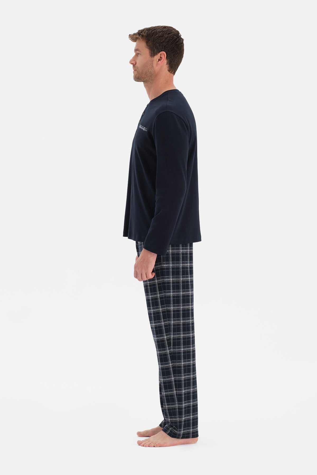 Lacivert Uzun Kollu Pat Ve Cep Detaylı Pijama Takım