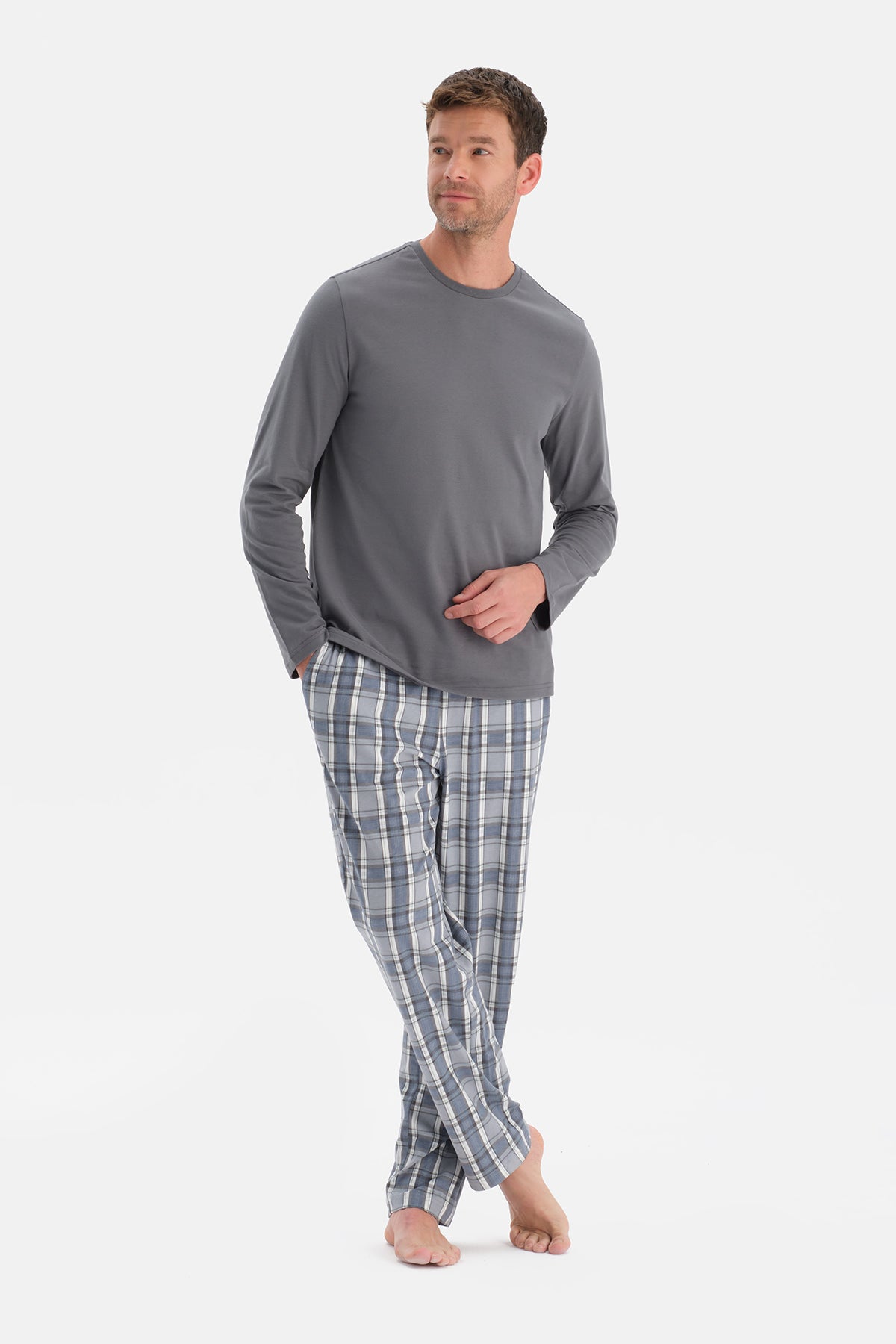 Gri Bisiklet Yaka Uzun Kollu Pijama Takım