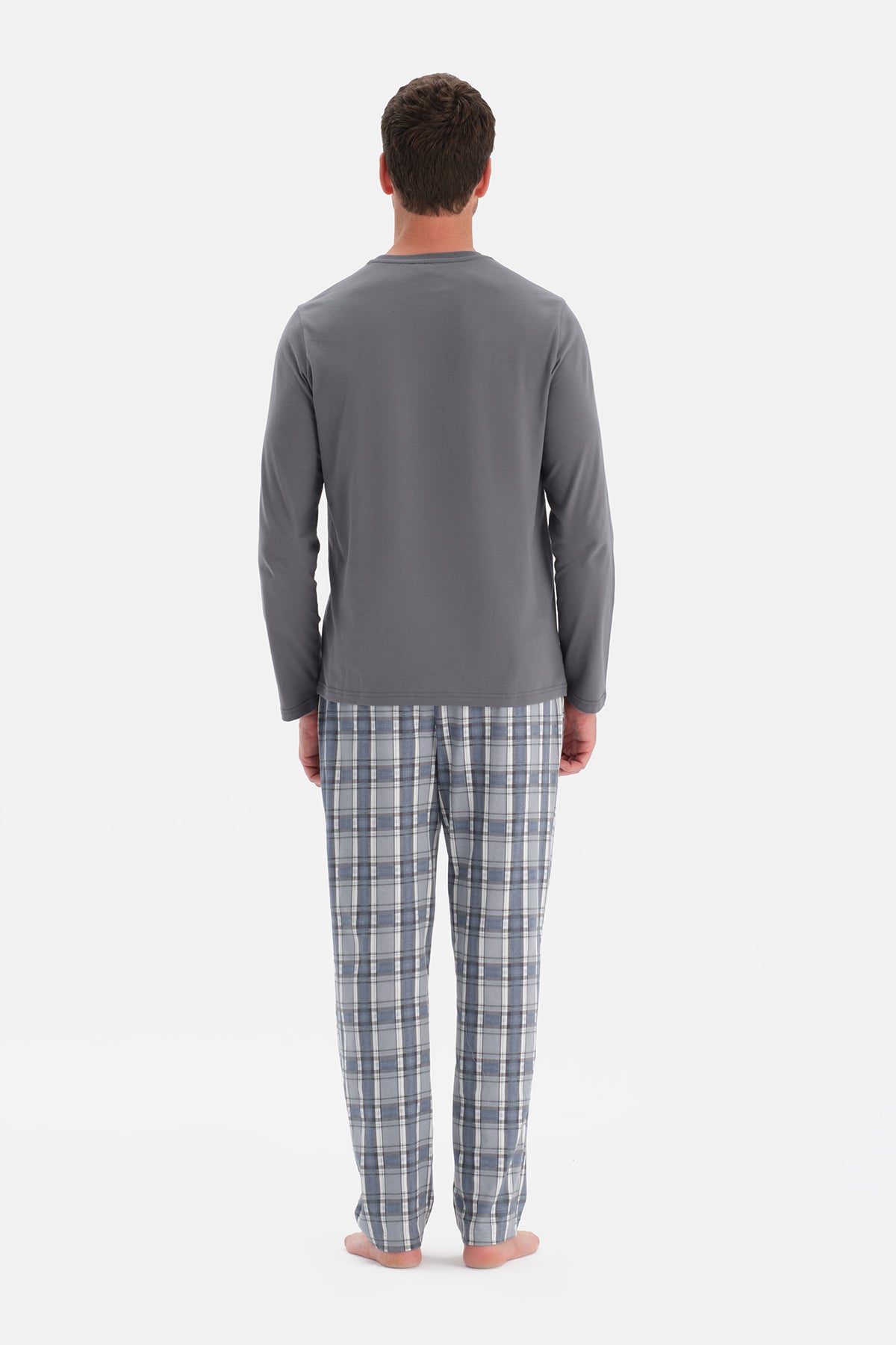 Gri Bisiklet Yaka Uzun Kollu Pijama Takım