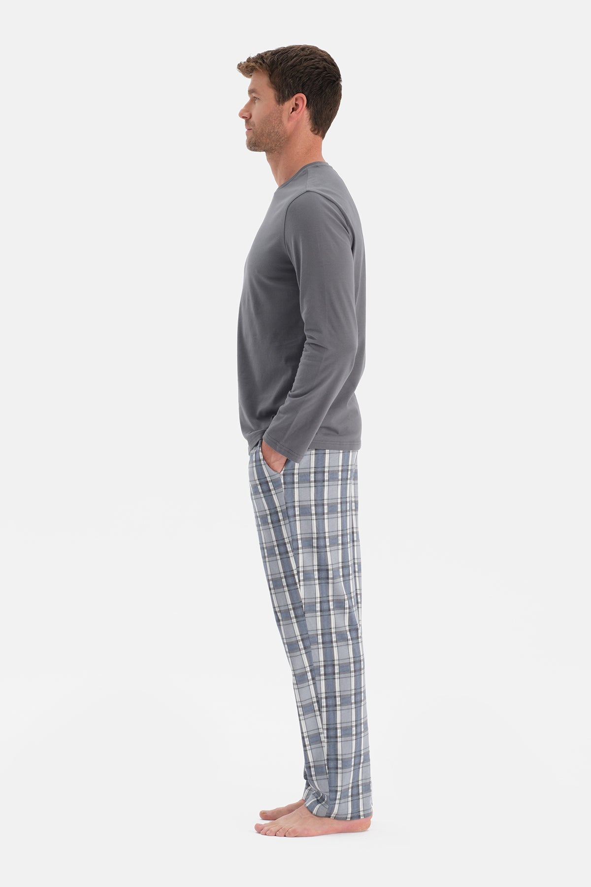 Gri Bisiklet Yaka Uzun Kollu Pijama Takım