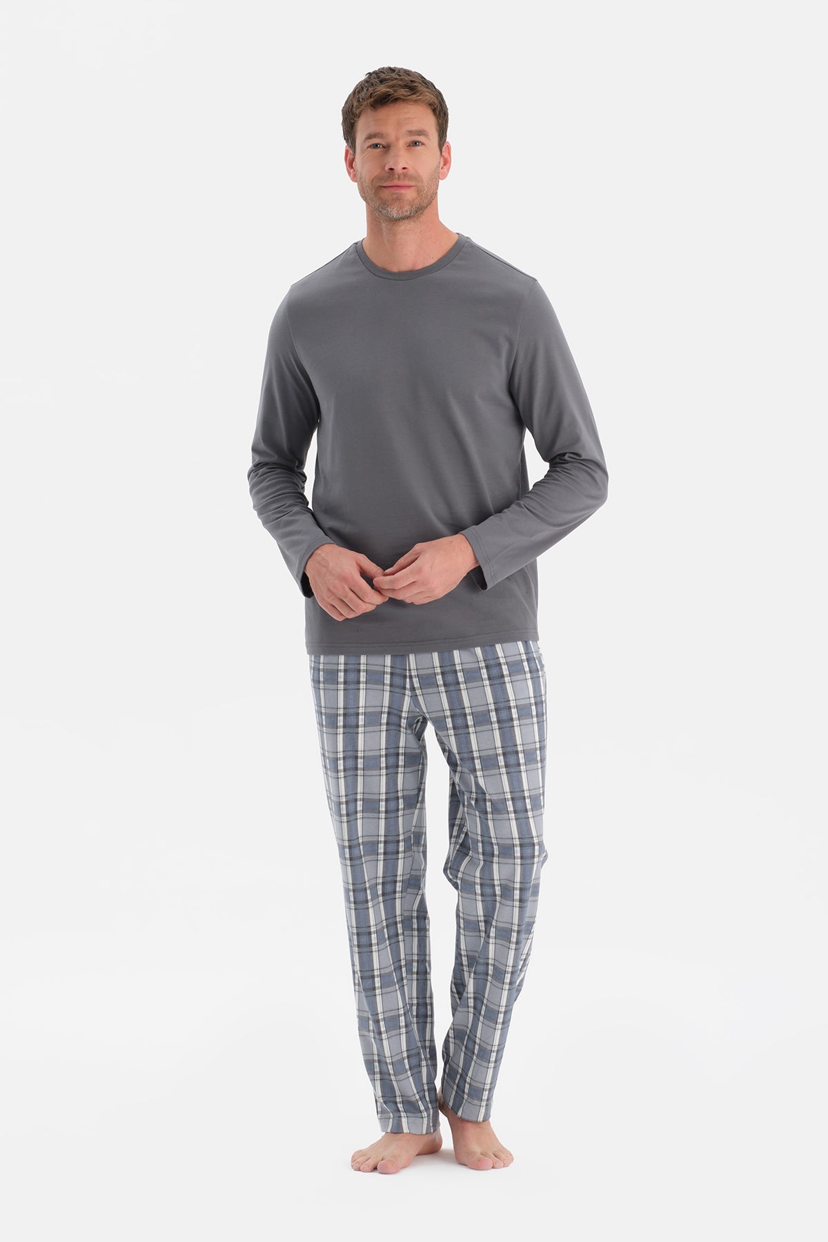 Gri Bisiklet Yaka Uzun Kollu Pijama Takım