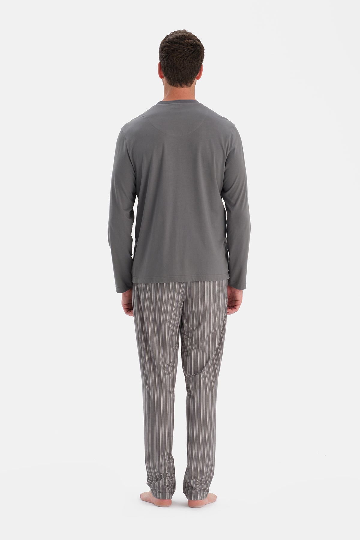 Gri Uzun Kollu Üçlü Pijama Takım