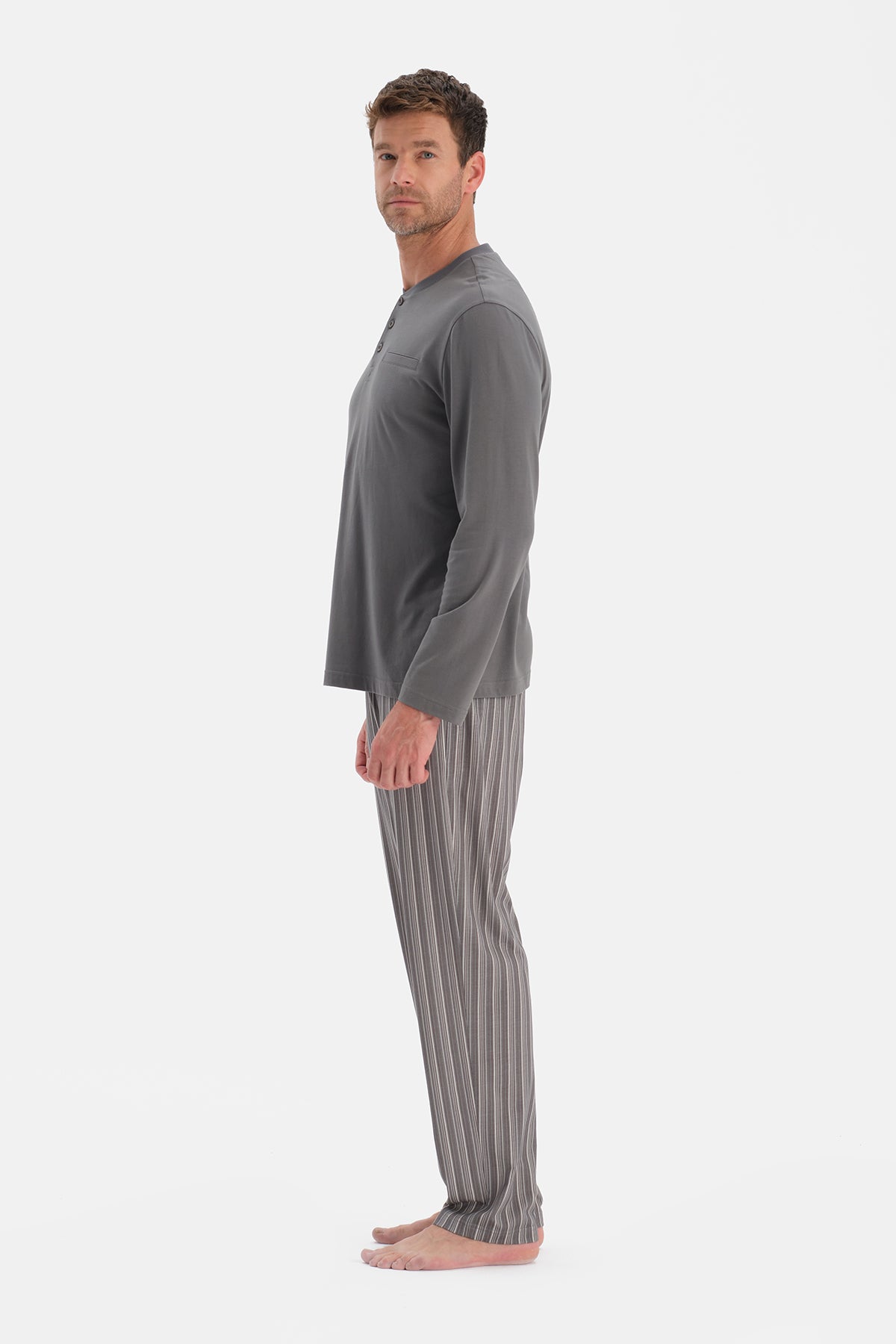 Gri Uzun Kollu Üçlü Pijama Takım