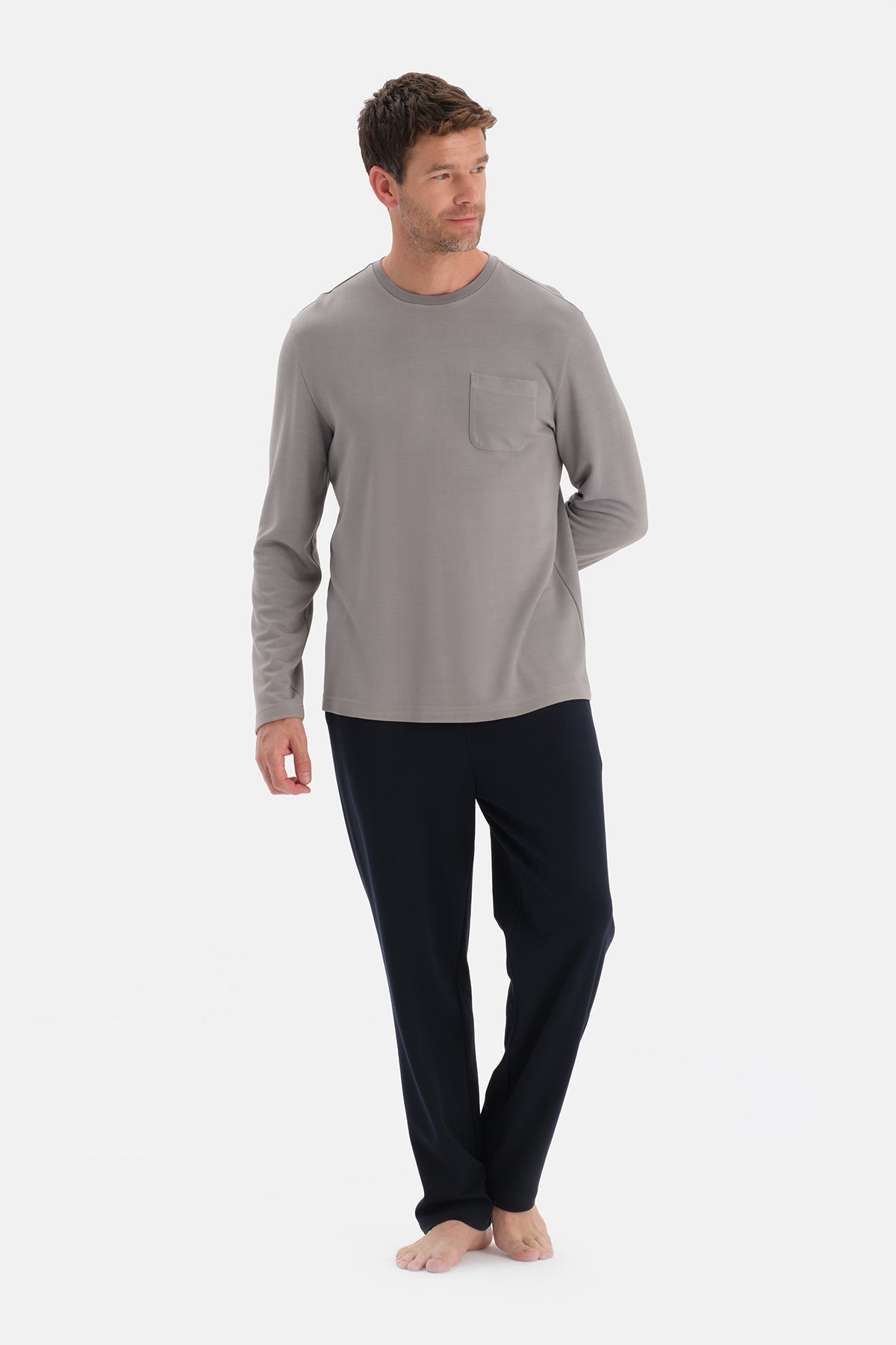 Gri Bisiklet Yaka Uzun Kollu Pijama Takım