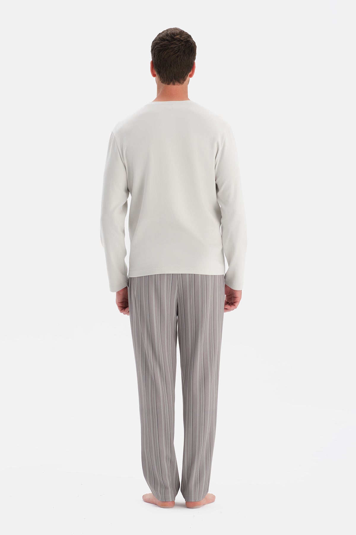 Açık Gri V Yaka Uzun Kollu Pijama Takım