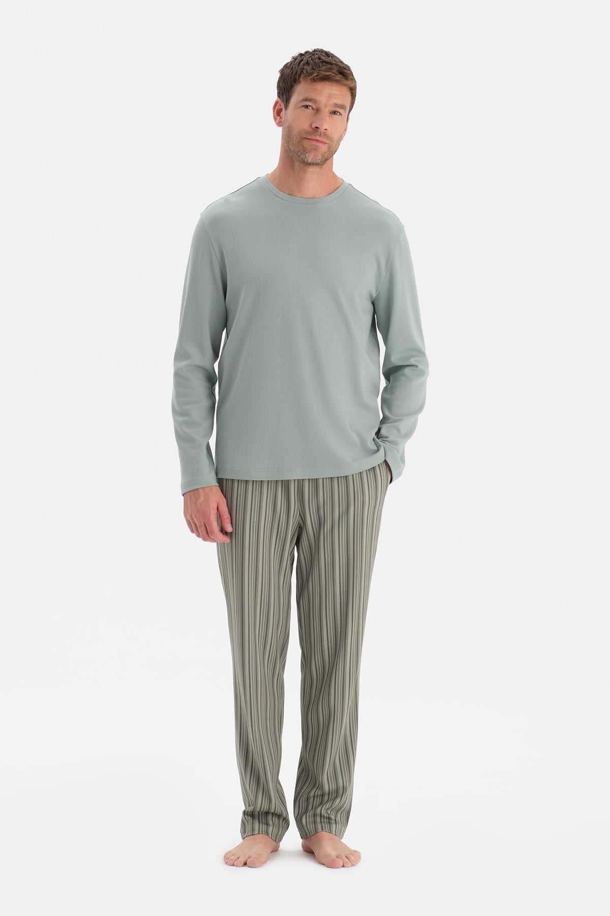 Mint Yeşili Bisiklet Yaka Uzun Kollu Pijama Takım