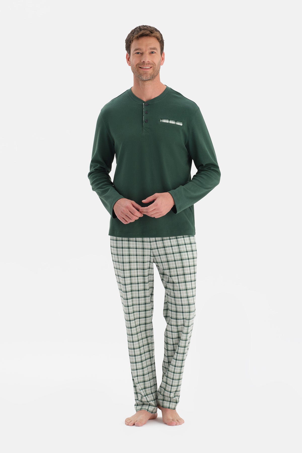 Koyu Yeşil Uzun Kollu Pat Ve Cep Detaylı Pijama Takım