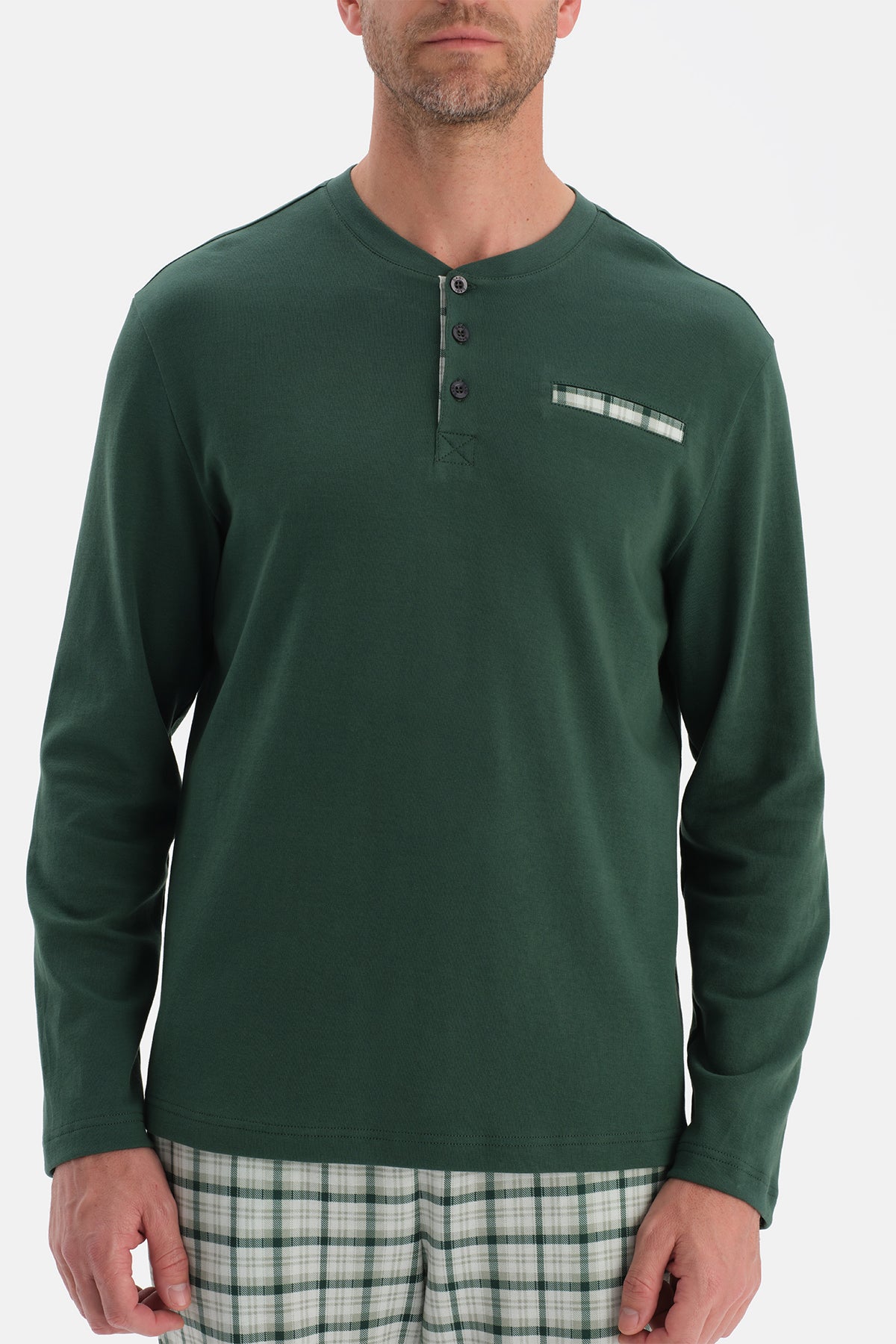 Koyu Yeşil Uzun Kollu Pat Ve Cep Detaylı Pijama Takım