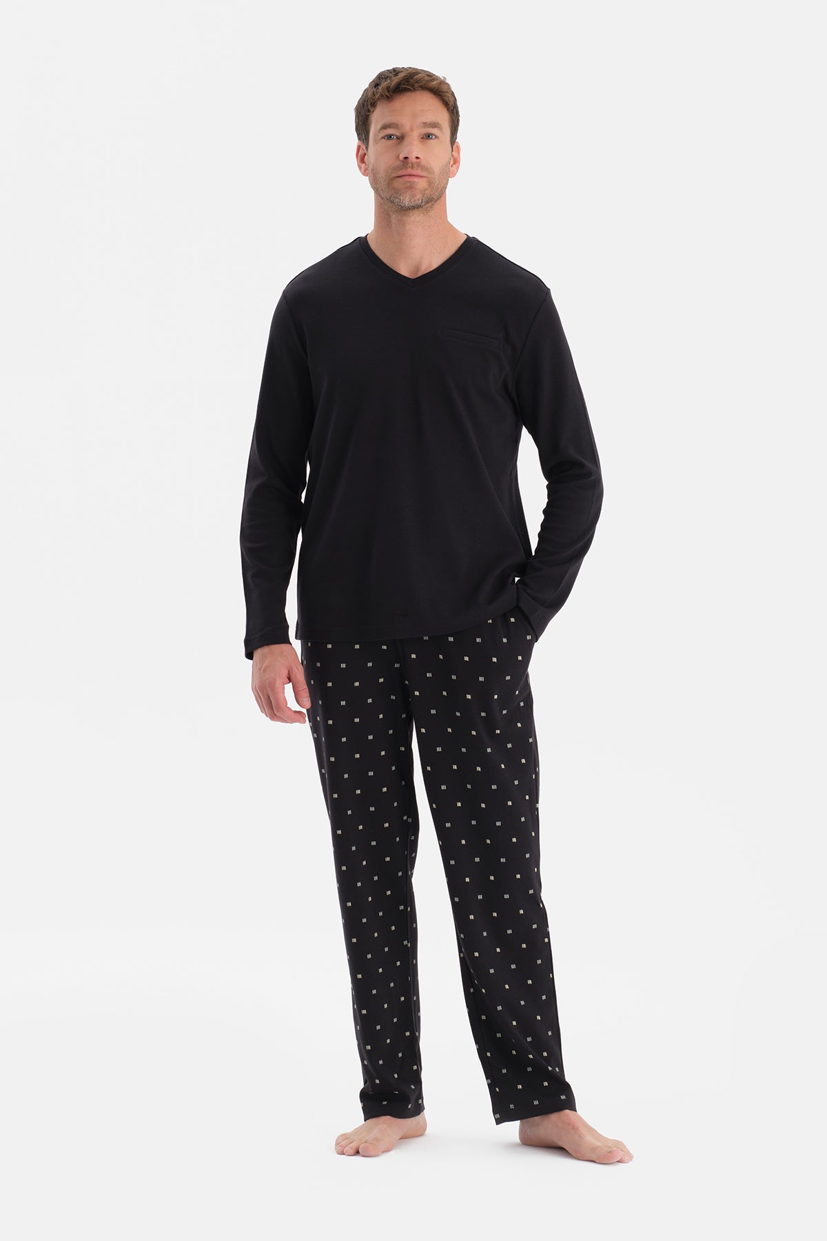 Siyah V Yaka Uzun Kollu Pijama Takım