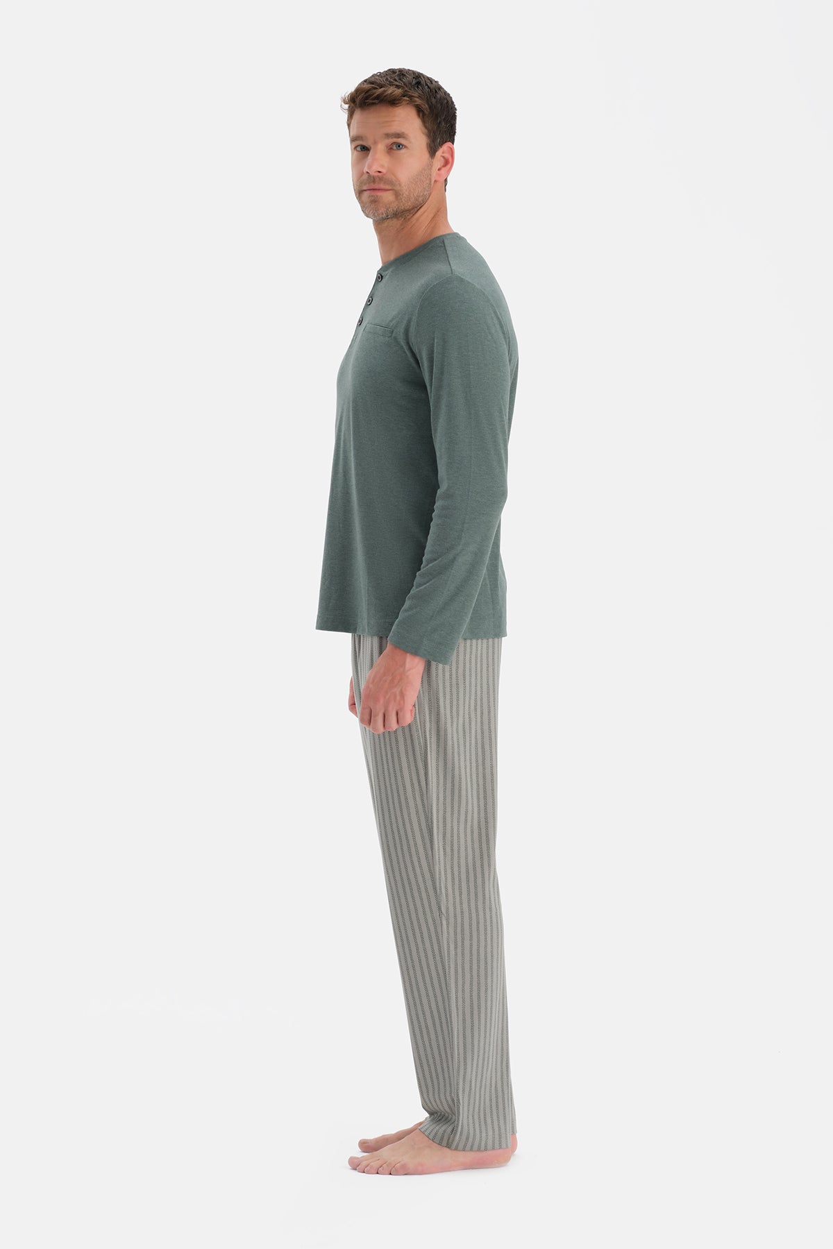 Mint Yeşili Uzun Kollu Pat Ve Cep Detaylı Pijama Takım