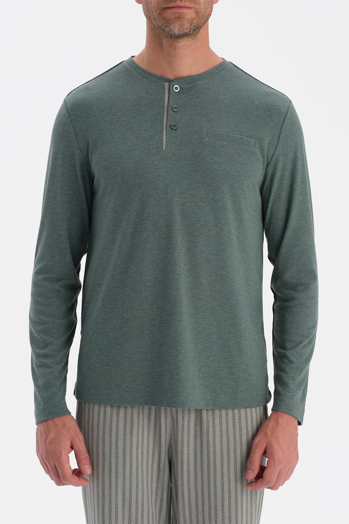 Mint Yeşili Uzun Kollu Pat Ve Cep Detaylı Pijama Takım