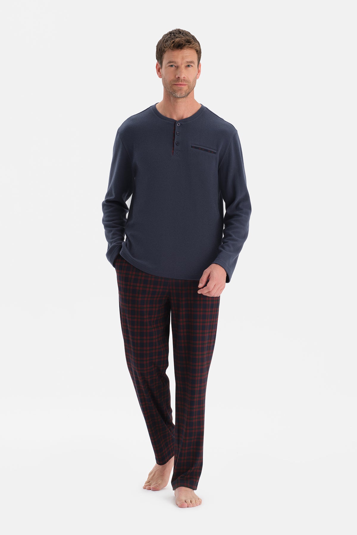 Lacivert Uzun Kollu Pat Ve Cep Detaylı Tişört Pantolon Takım