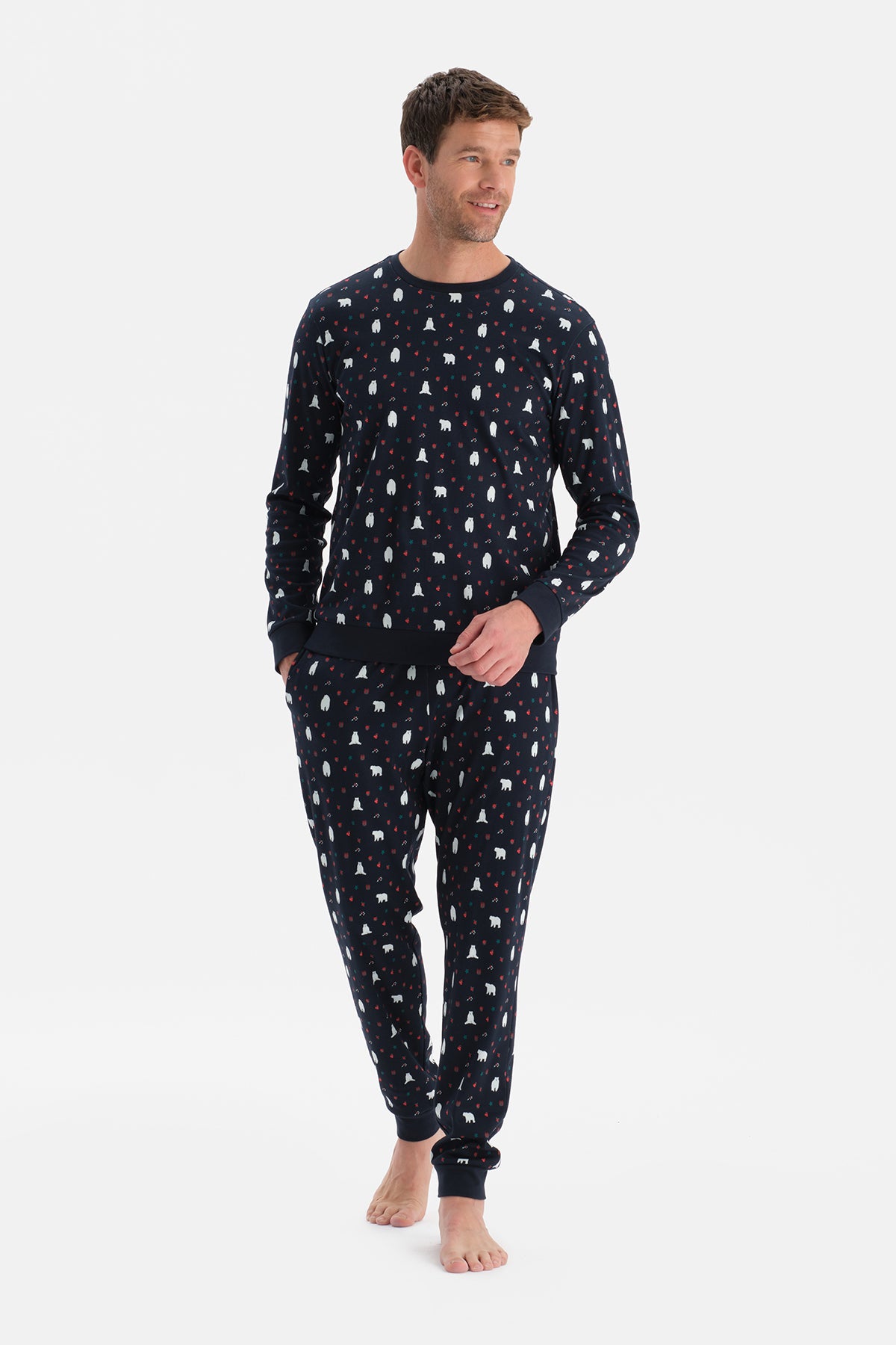 Lacivert Metraj Baskılı İnterlok Tişört Pantolon Takım