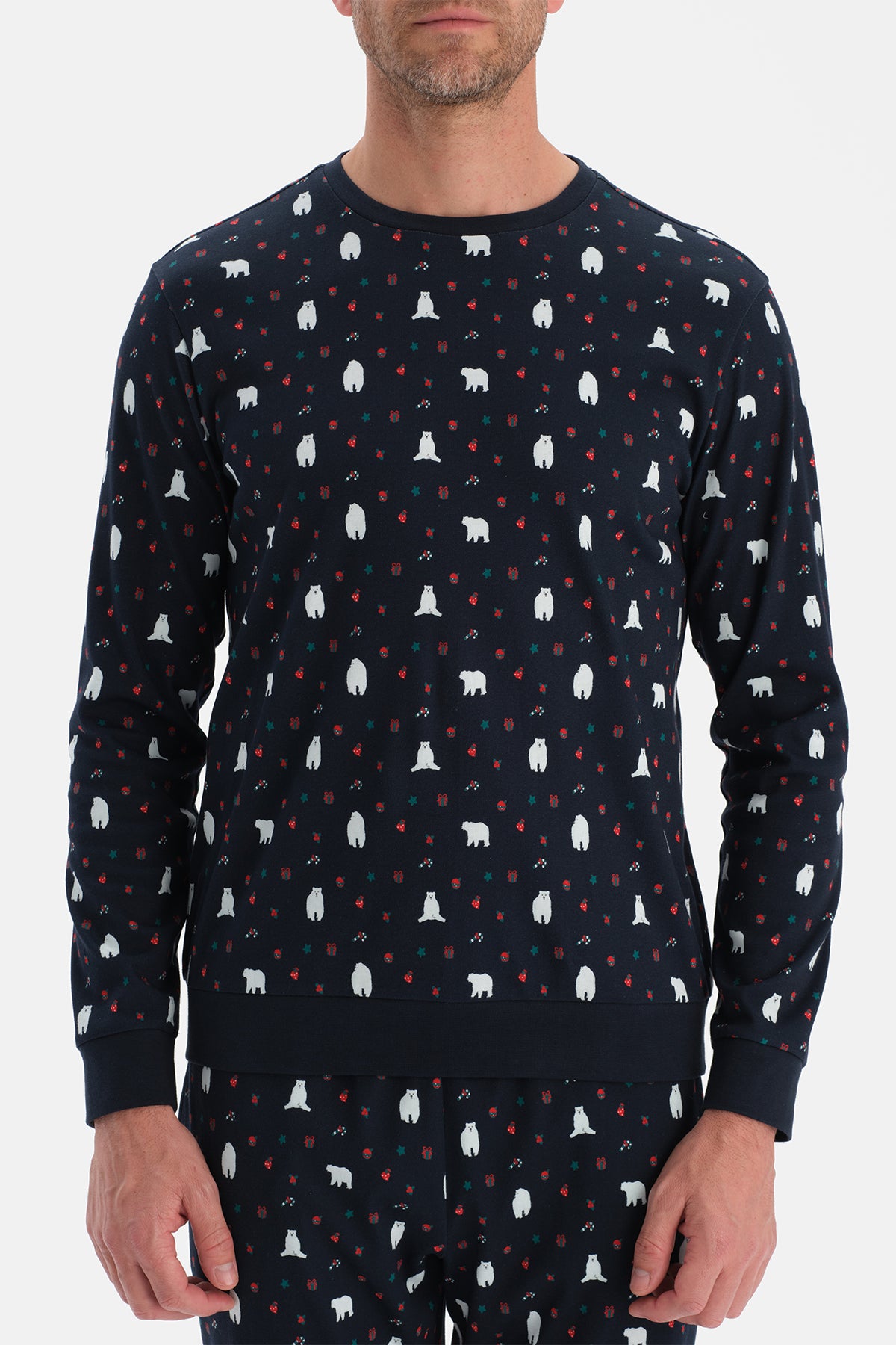 Lacivert Metraj Baskılı İnterlok Tişört Pantolon Takım