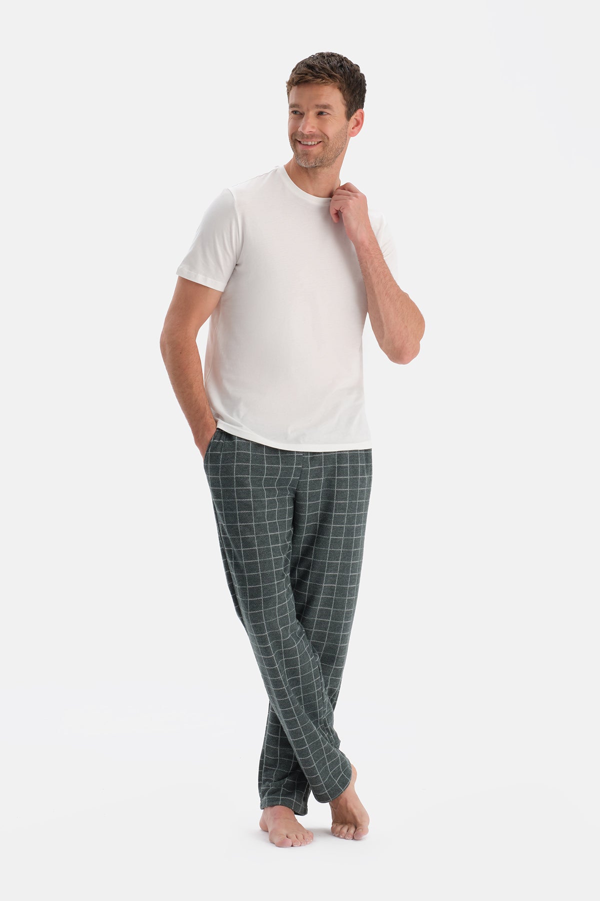 Yeşil Ekoseli Örme Pantolon