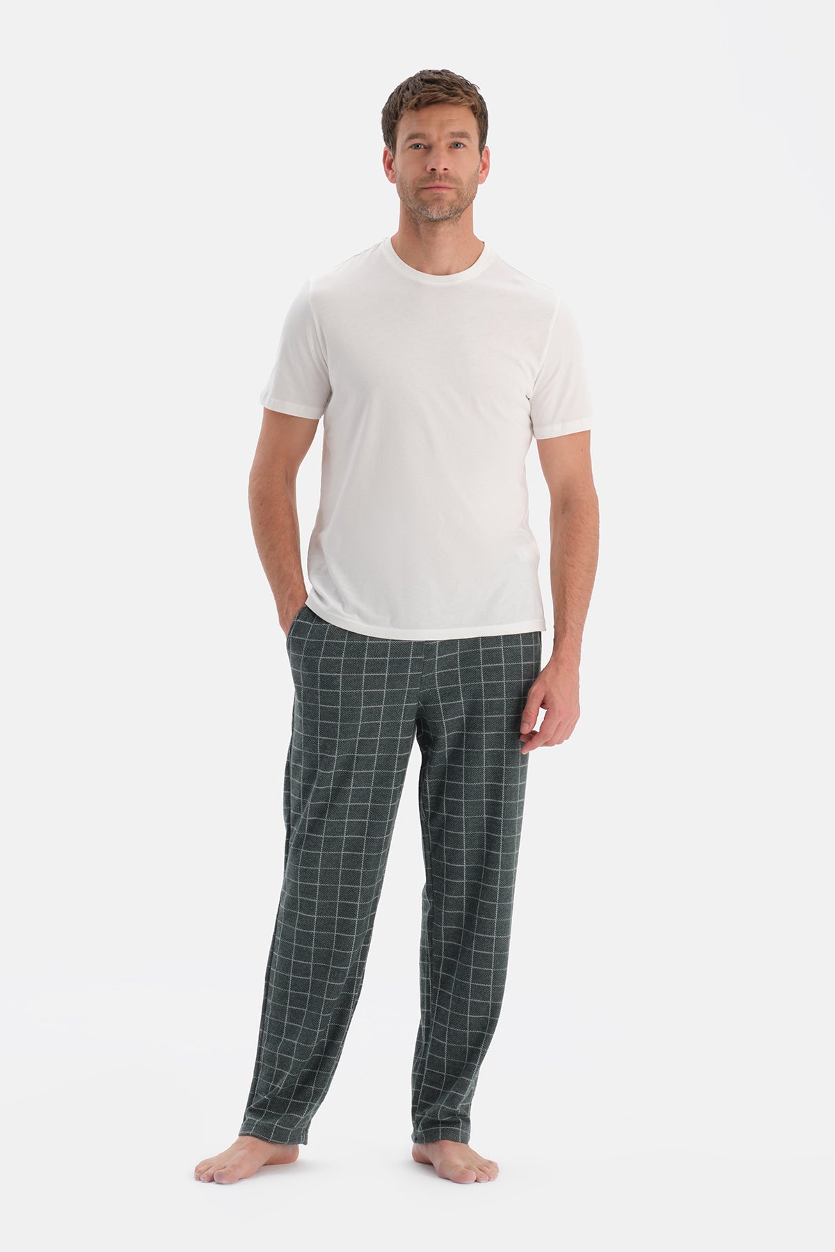 Yeşil Ekoseli Örme Pantolon