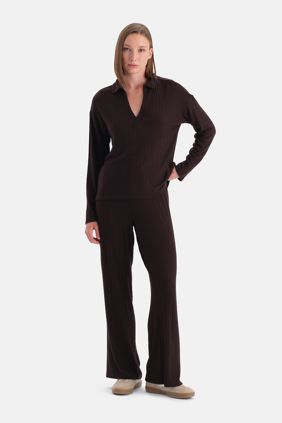 Koyu Kahve Örgü Detaylı Polo Yaka Tişört