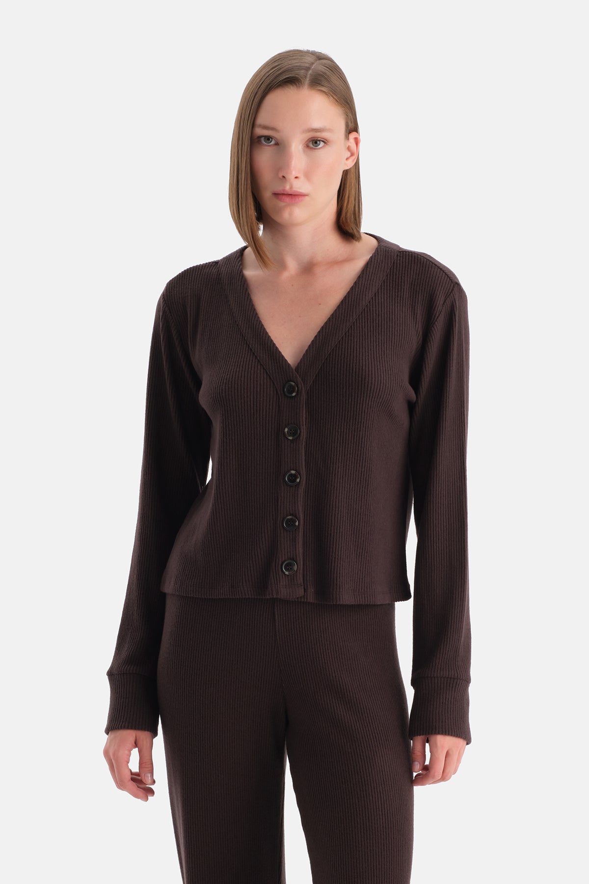 Koyu Kahve Kaşkorse Düğmeli Hırka