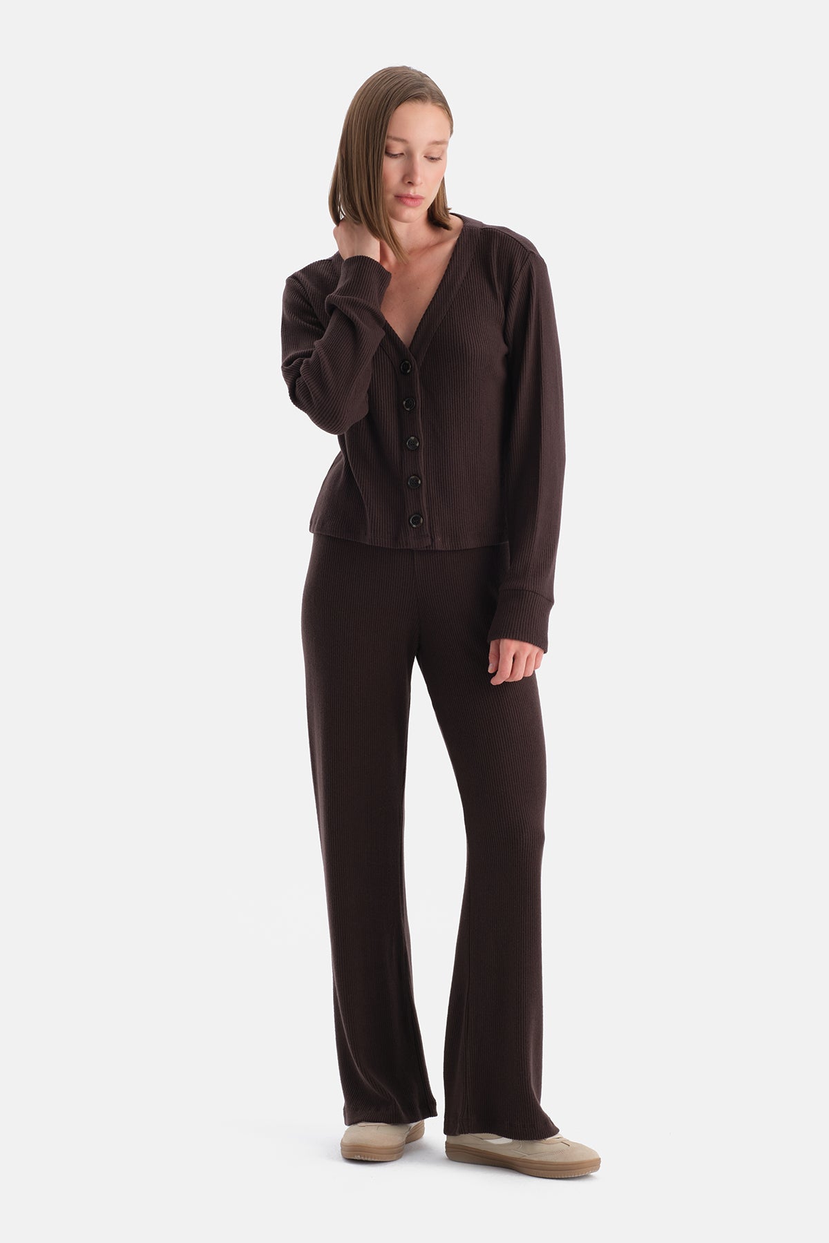 Koyu Kahve Kaşkorse Düğmeli Hırka