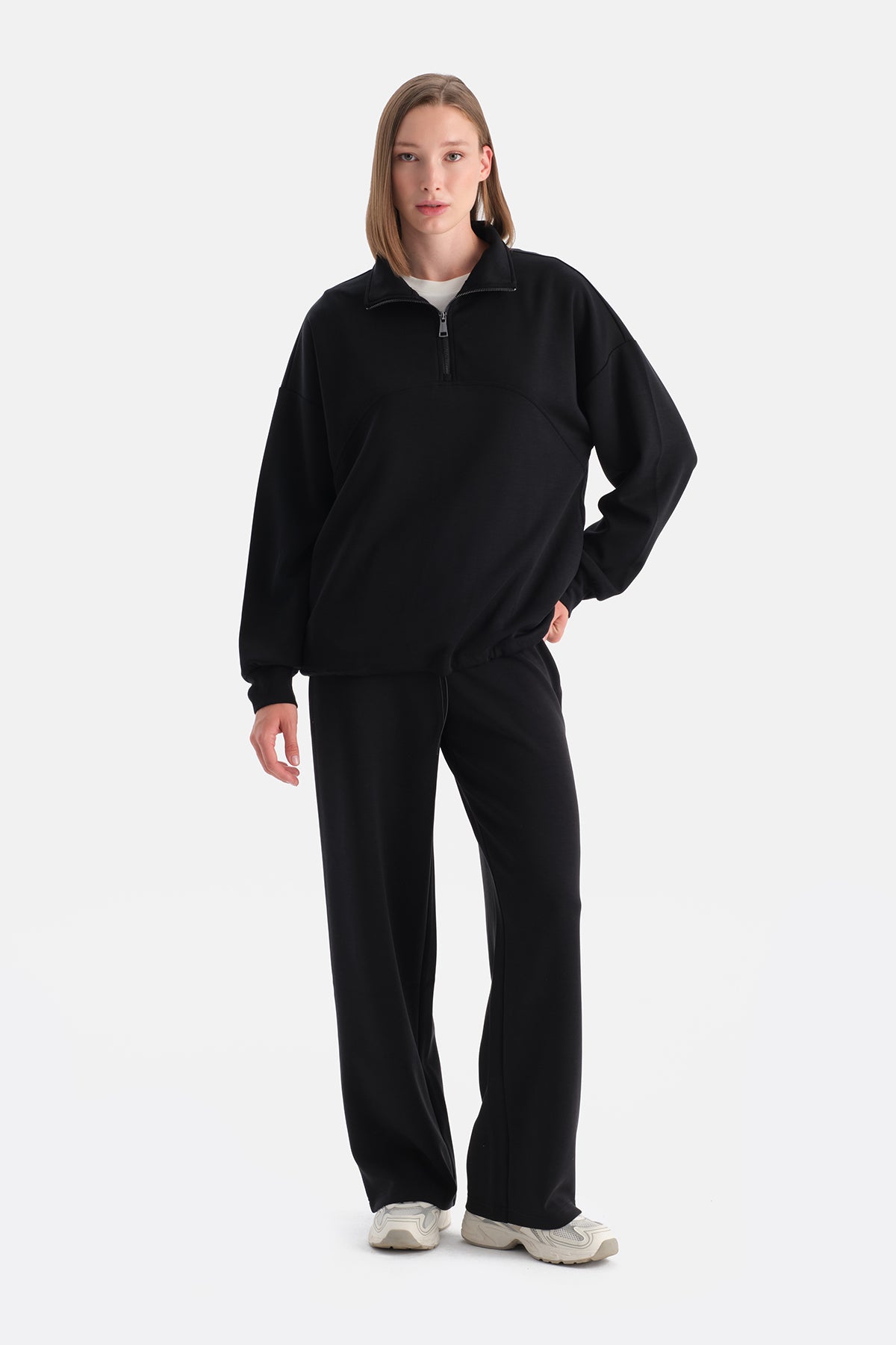 Siyah Kadın Yarım Fermuarlı Modal Sweatshirt