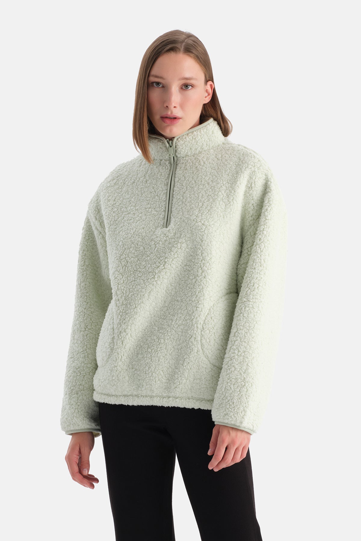 Mint Yeşili Kadın Yarım Fermuarlı Sweatshırt