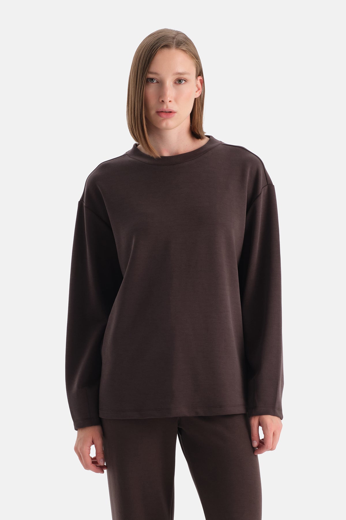 Koyu Kahve Düşük Omuz Modal Oversize Sweatshirt
