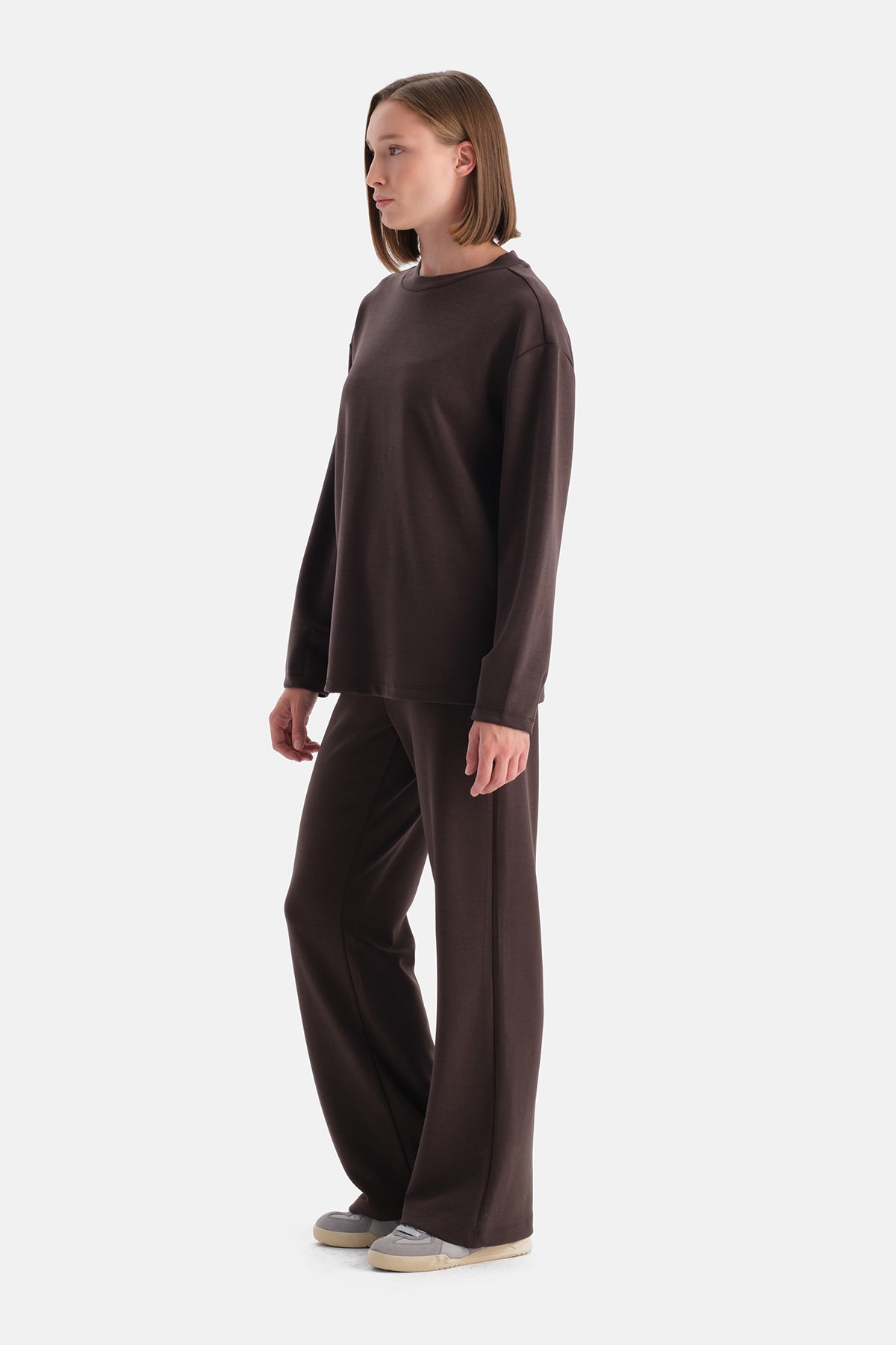 Koyu Kahve Düşük Omuz Modal Oversize Sweatshirt