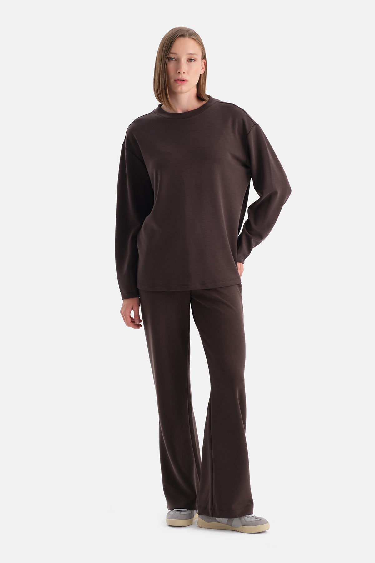 Koyu Kahve Düşük Omuz Modal Oversize Sweatshirt