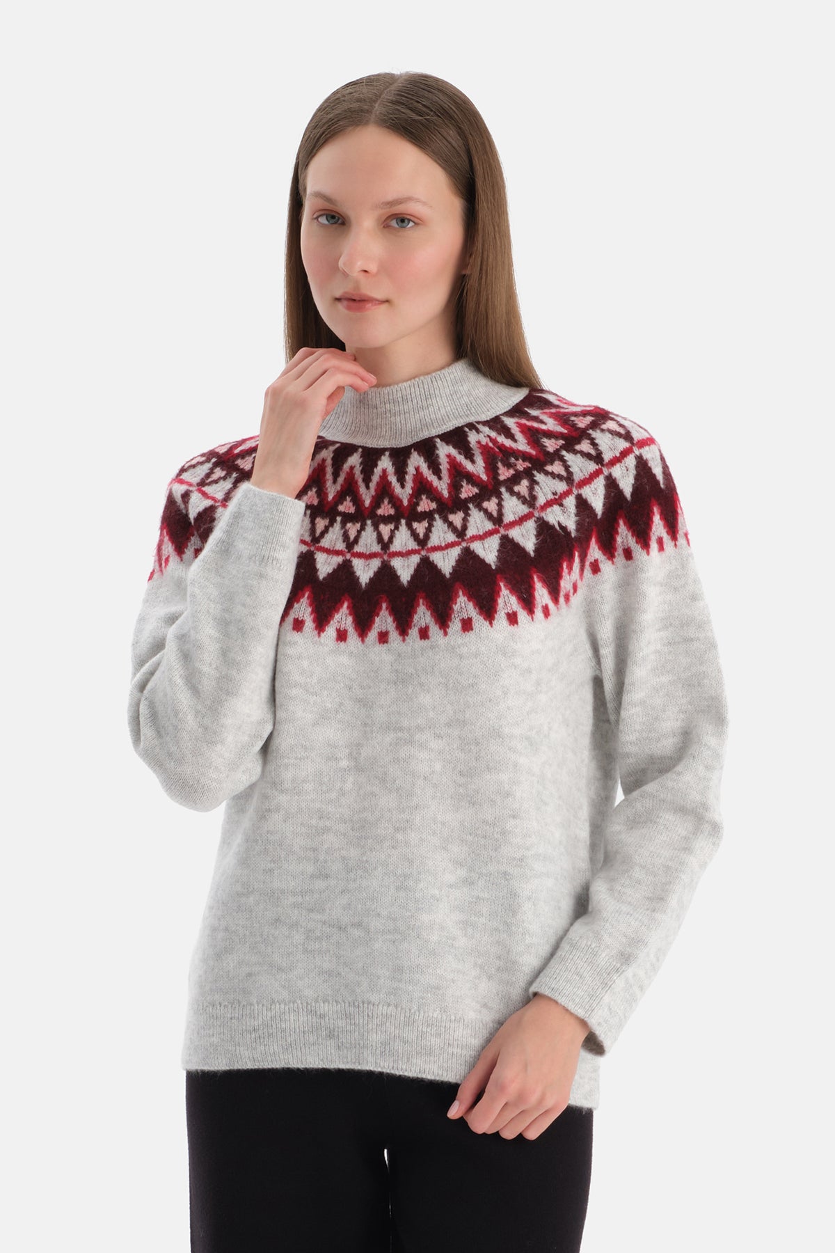 Gri Melanj Etnik Desenli Yılbaşı Kazak