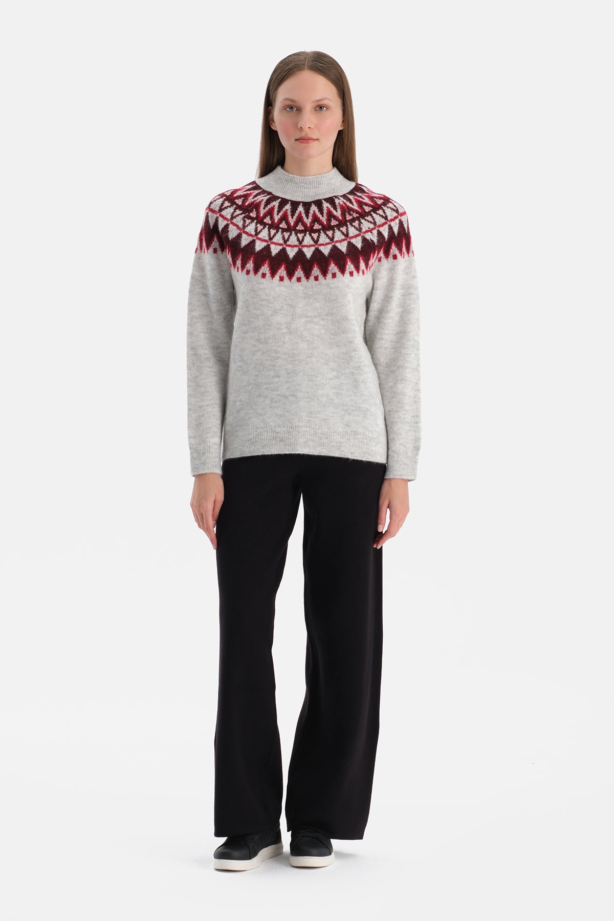 Gri Melanj Etnik Desenli Yılbaşı Kazak