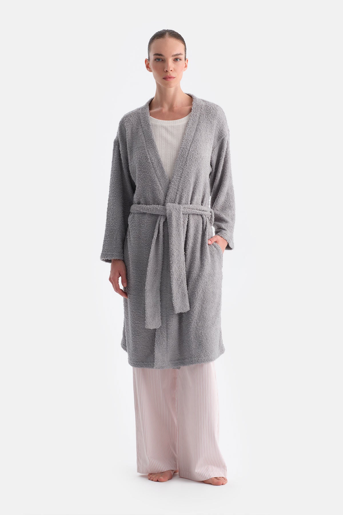 Açık Gri Uzun Kollu Şönil Örme Sabahlık
