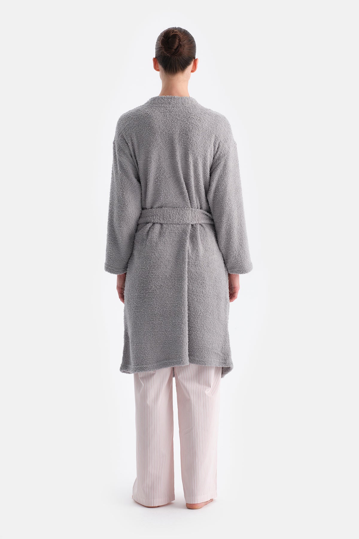 Açık Gri Uzun Kollu Şönil Örme Sabahlık