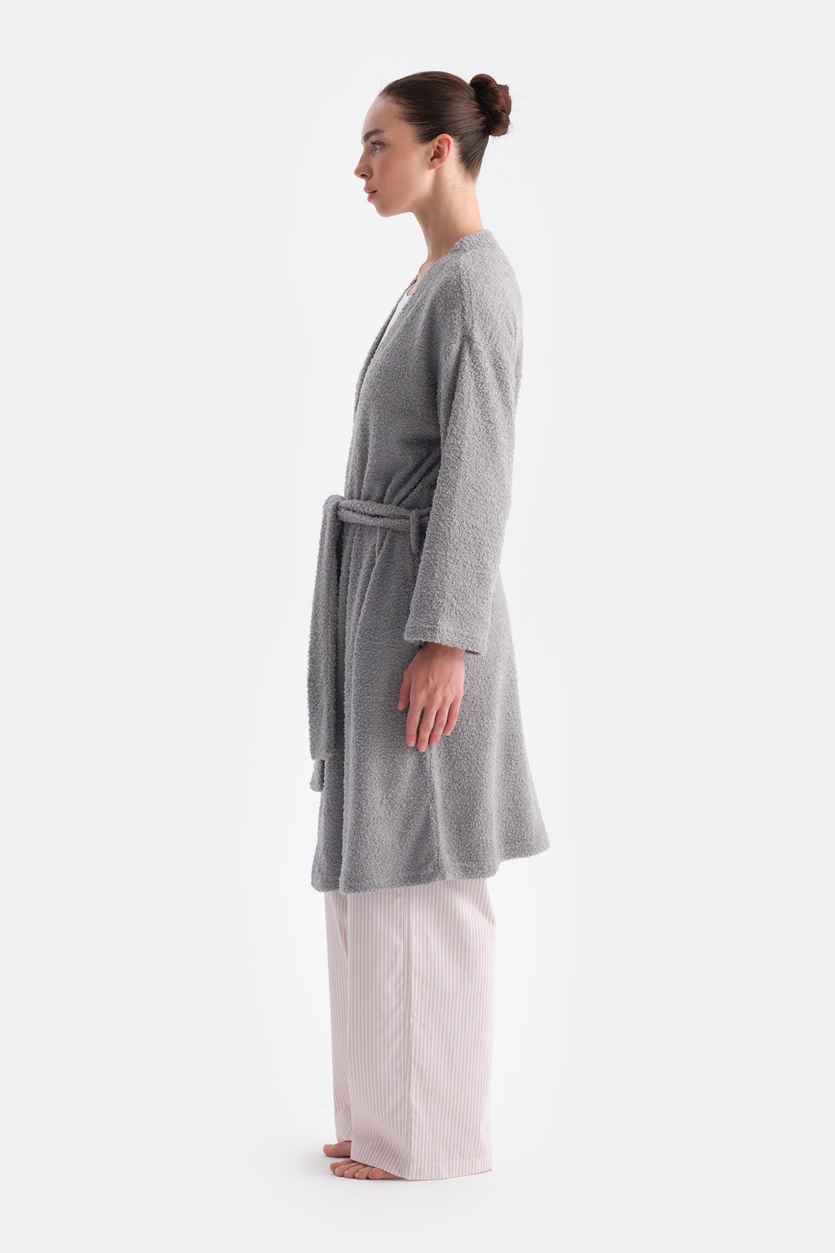 Açık Gri Uzun Kollu Şönil Örme Sabahlık