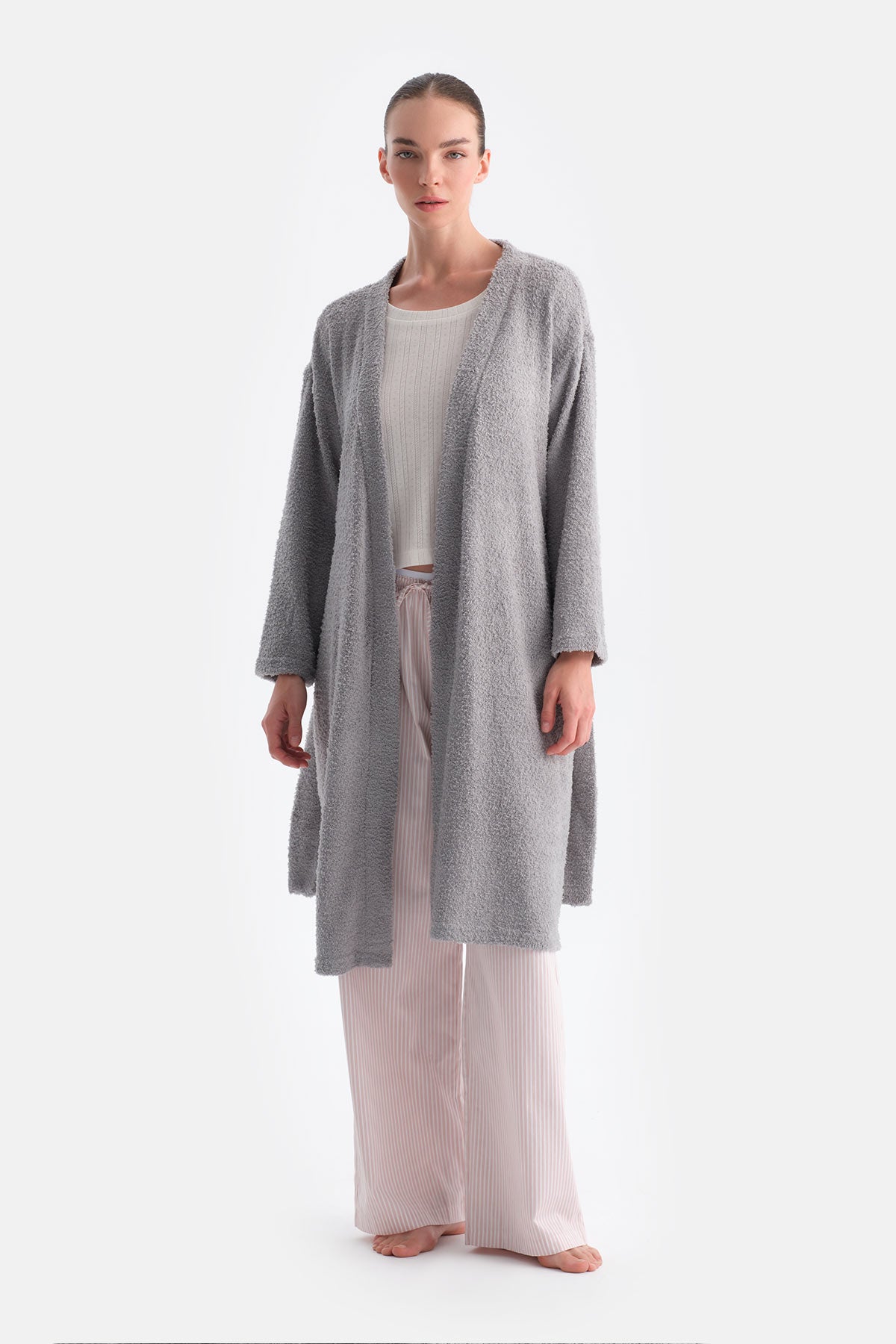 Açık Gri Uzun Kollu Şönil Örme Sabahlık