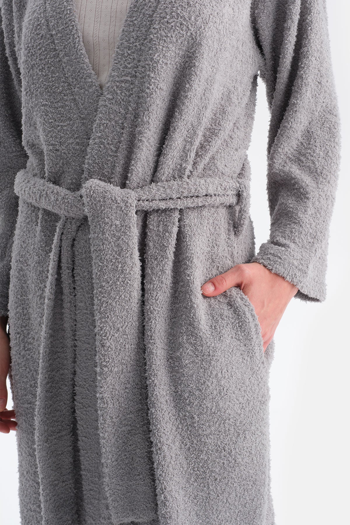 Açık Gri Uzun Kollu Şönil Örme Sabahlık