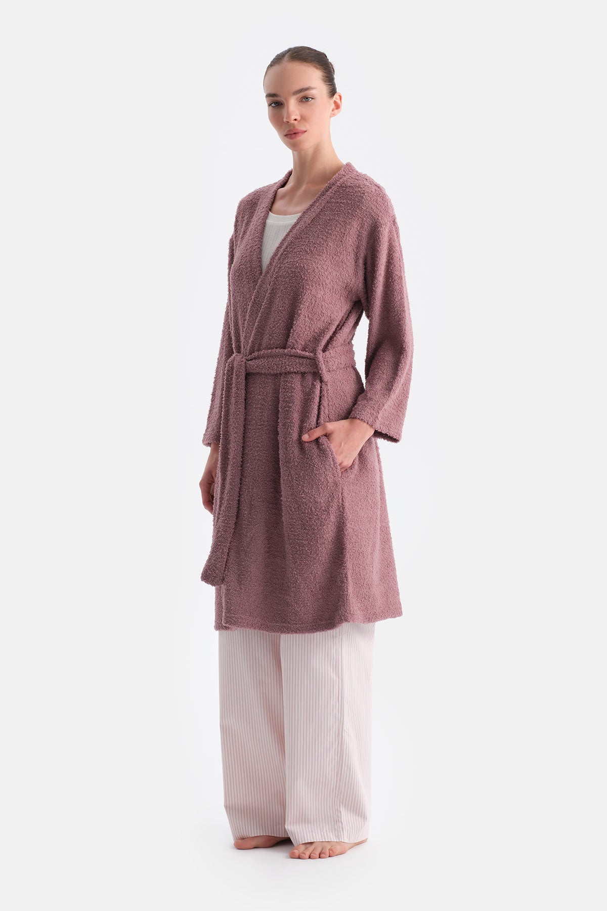 Gül Kurusu Uzun Kollu Şönil Örme Sabahlık