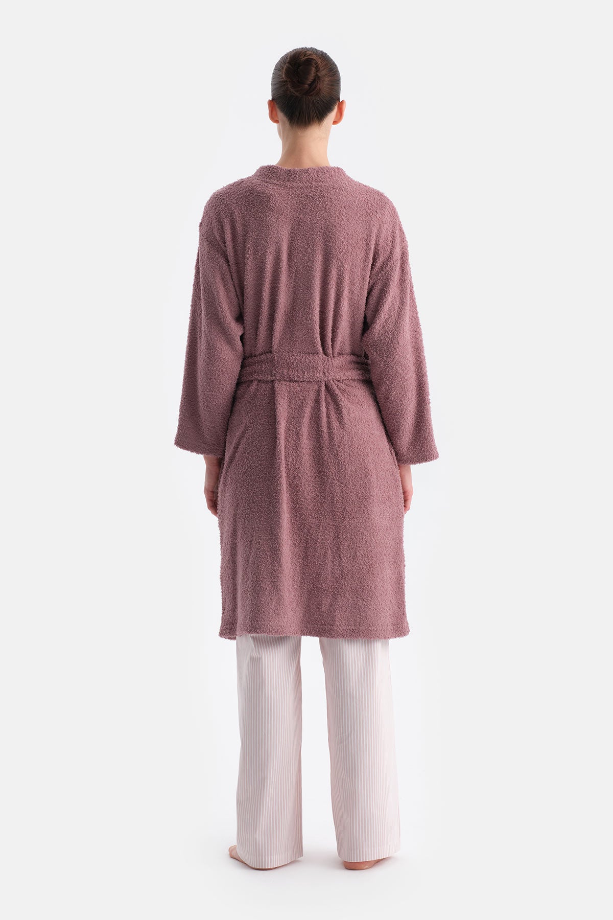 Gül Kurusu Uzun Kollu Şönil Örme Sabahlık