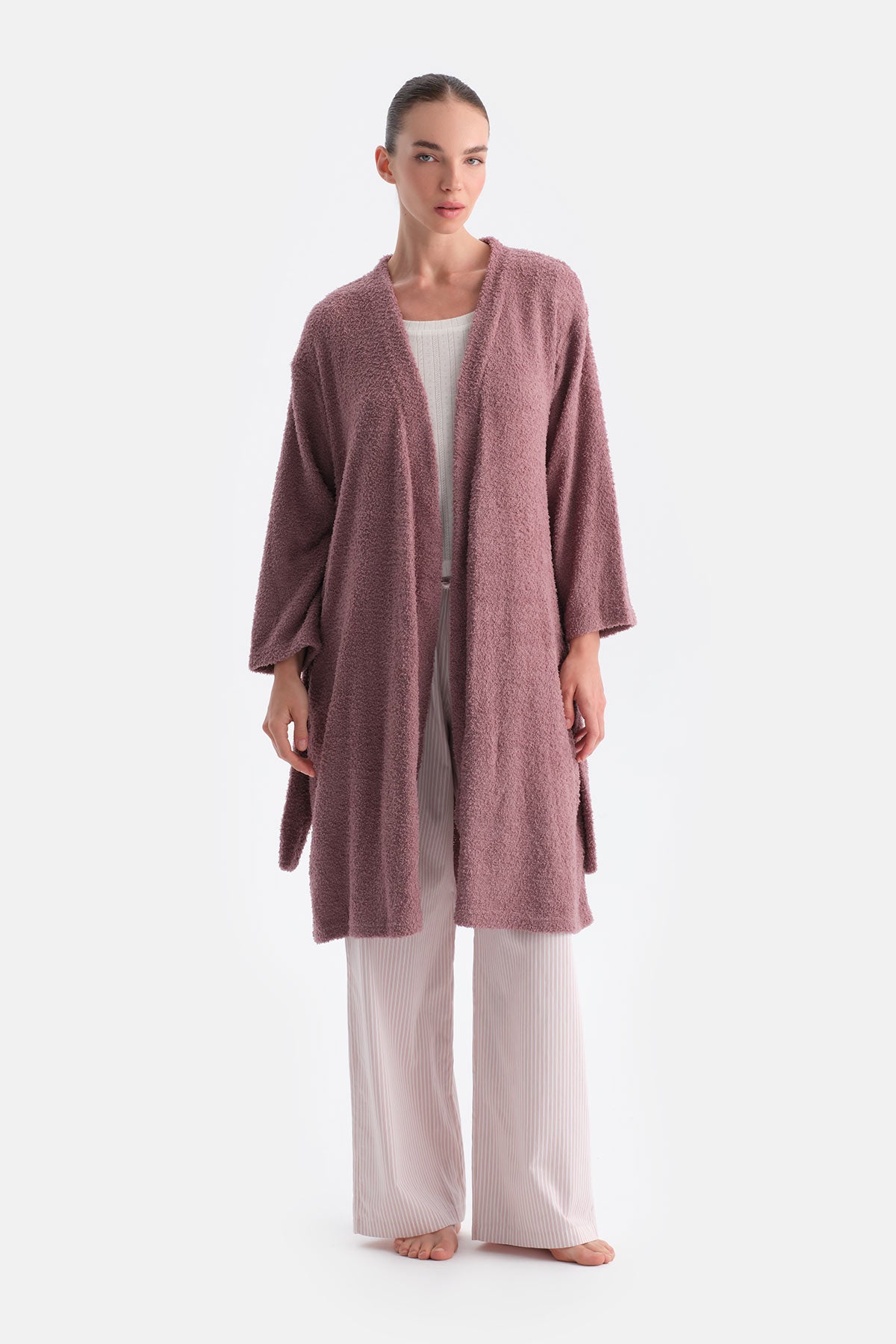 Gül Kurusu Uzun Kollu Şönil Örme Sabahlık