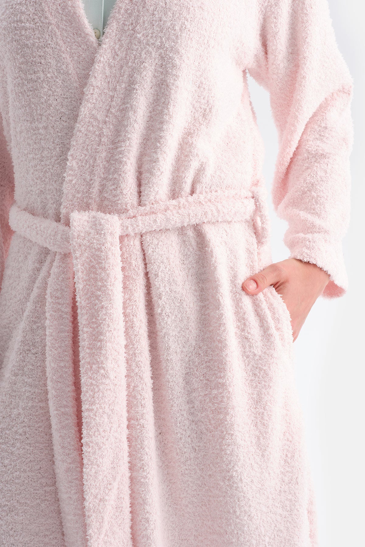 Açık Pembe Uzun Kollu Şönil Örme Sabahlık