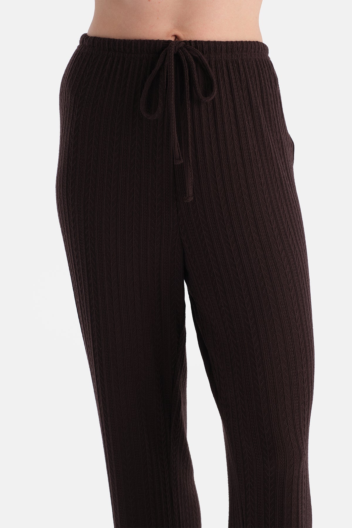 Koyu Kahve Örgü Detaylı Pantolon