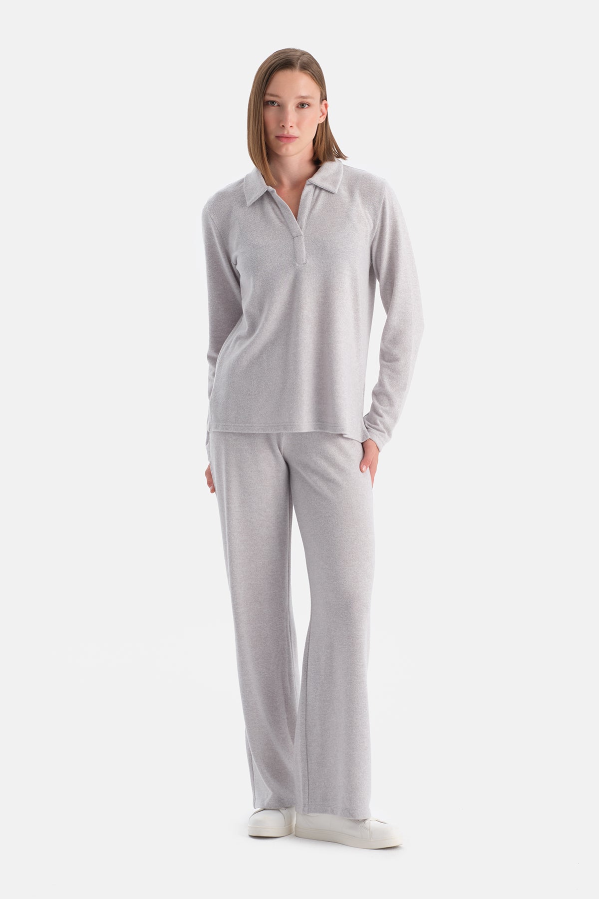 Gri Melanj Yüksek Bel Bol Paça Basic Pantolon