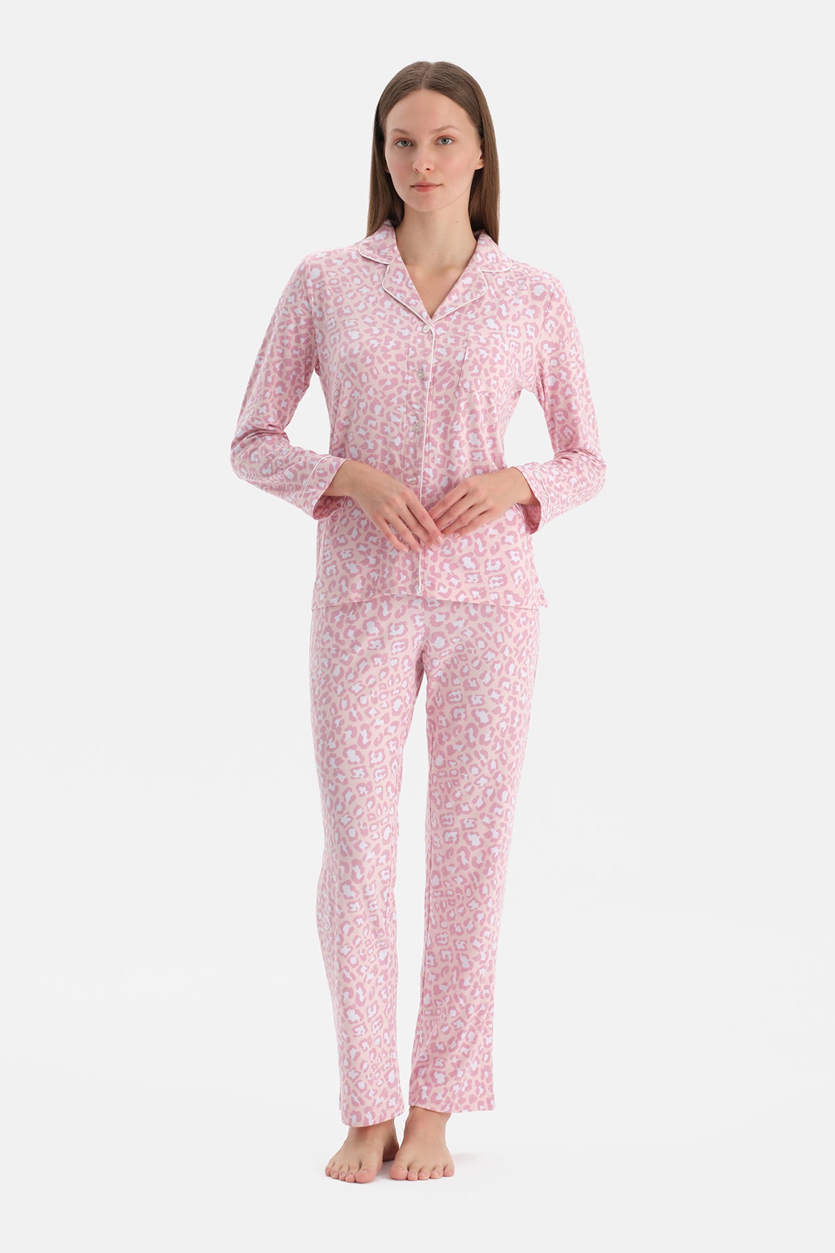 Açık Pembe Leopar Desenli Termal Pijama Takımı
